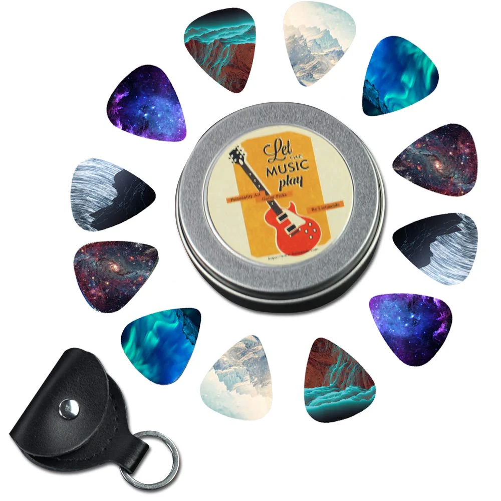 Guitar Picks - Cheliz 12 Medium Gauge Celluloid Guitar Picks In a Box W/Picks Holder. Unique Guitar Gift For Bass, Electric & Acoustic Guitars (Natural Image) 12 packs Natural Image - Image 2
