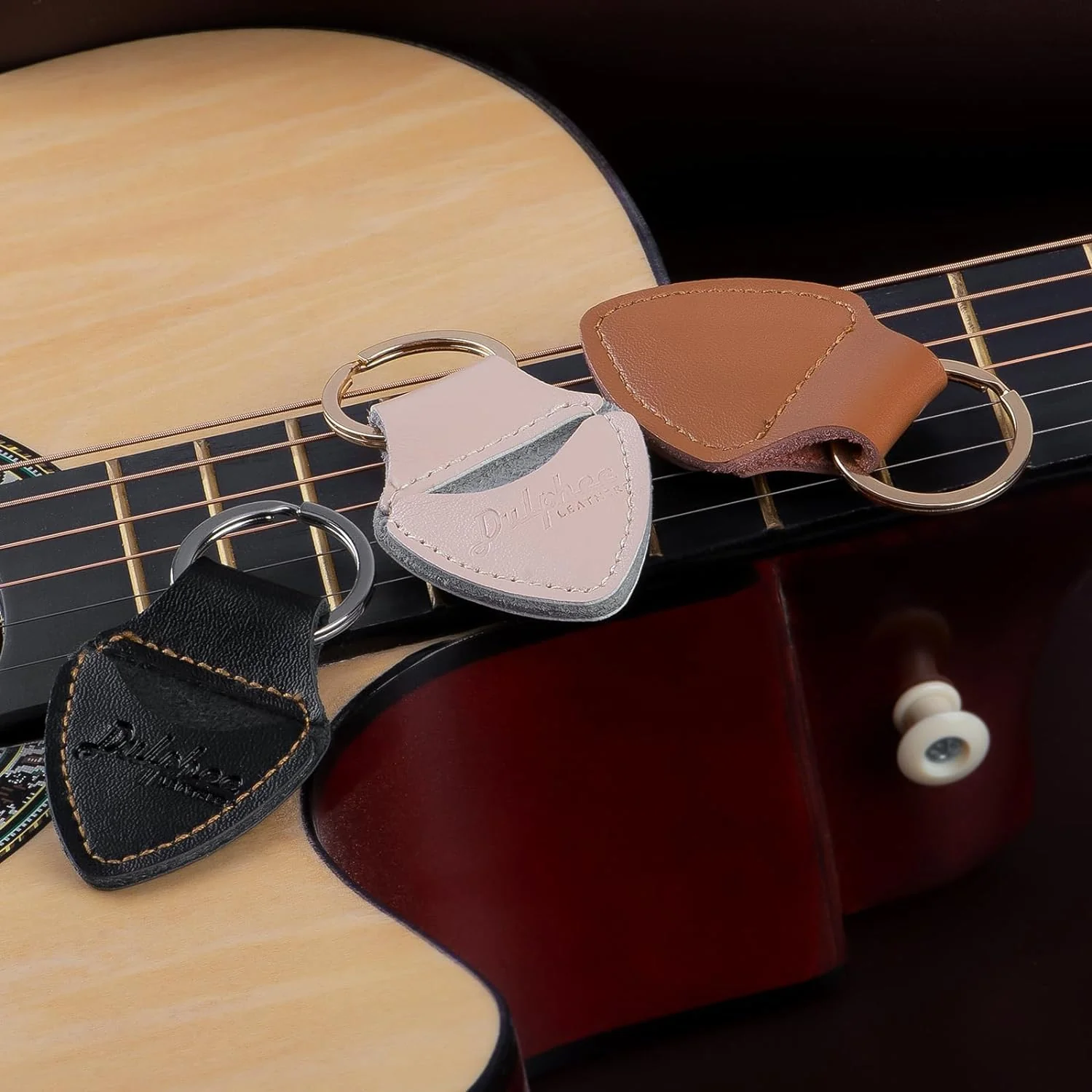 Guitar Picks Holder Keychain with 3 Picks, Genuine Leather Handmade Plectrum Cases Bag (Black) Black - Image 7