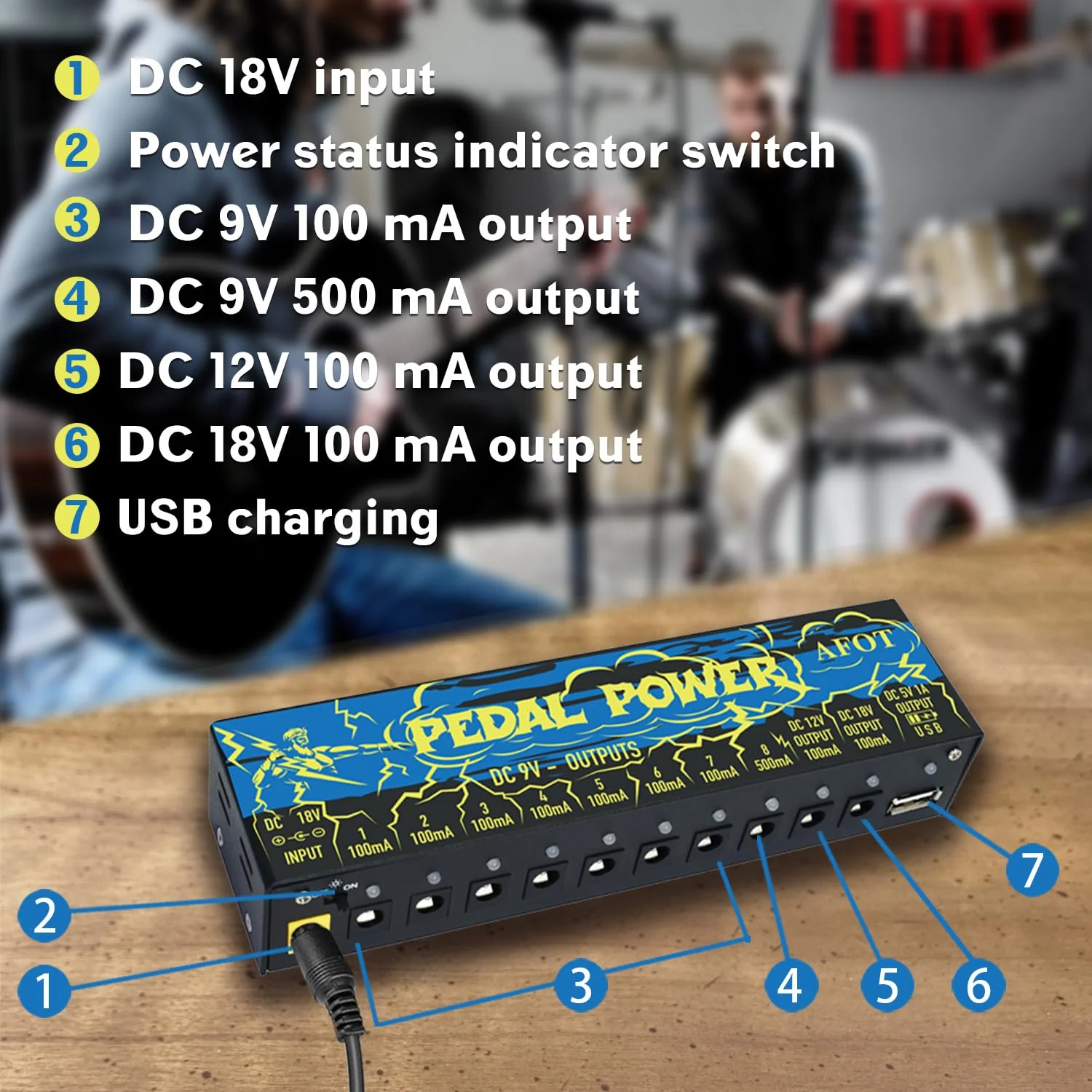 Guitar Power Supply 10 Isolated DC Output for 9V/12V/18V Effect Pedal,Guitar Power Supply for Effect Pedal with Separate Short-Circuit Protection Black - Image 3