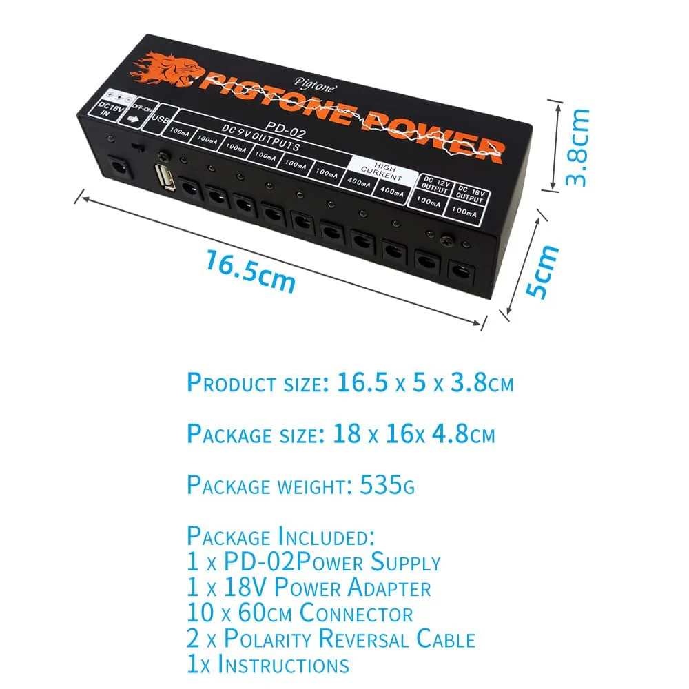 Guitar Power Supply 10 Isolated DC Output for 9V/12V/18V Effect Pedal PD-02 with USB (5V2A) - Image 6