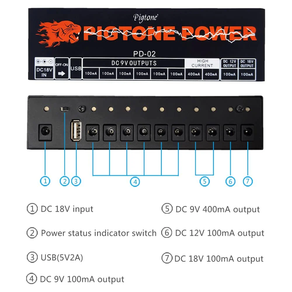 Guitar Power Supply 10 Isolated DC Output for 9V/12V/18V Effect Pedal PD-02 with USB (5V2A) - Image 7