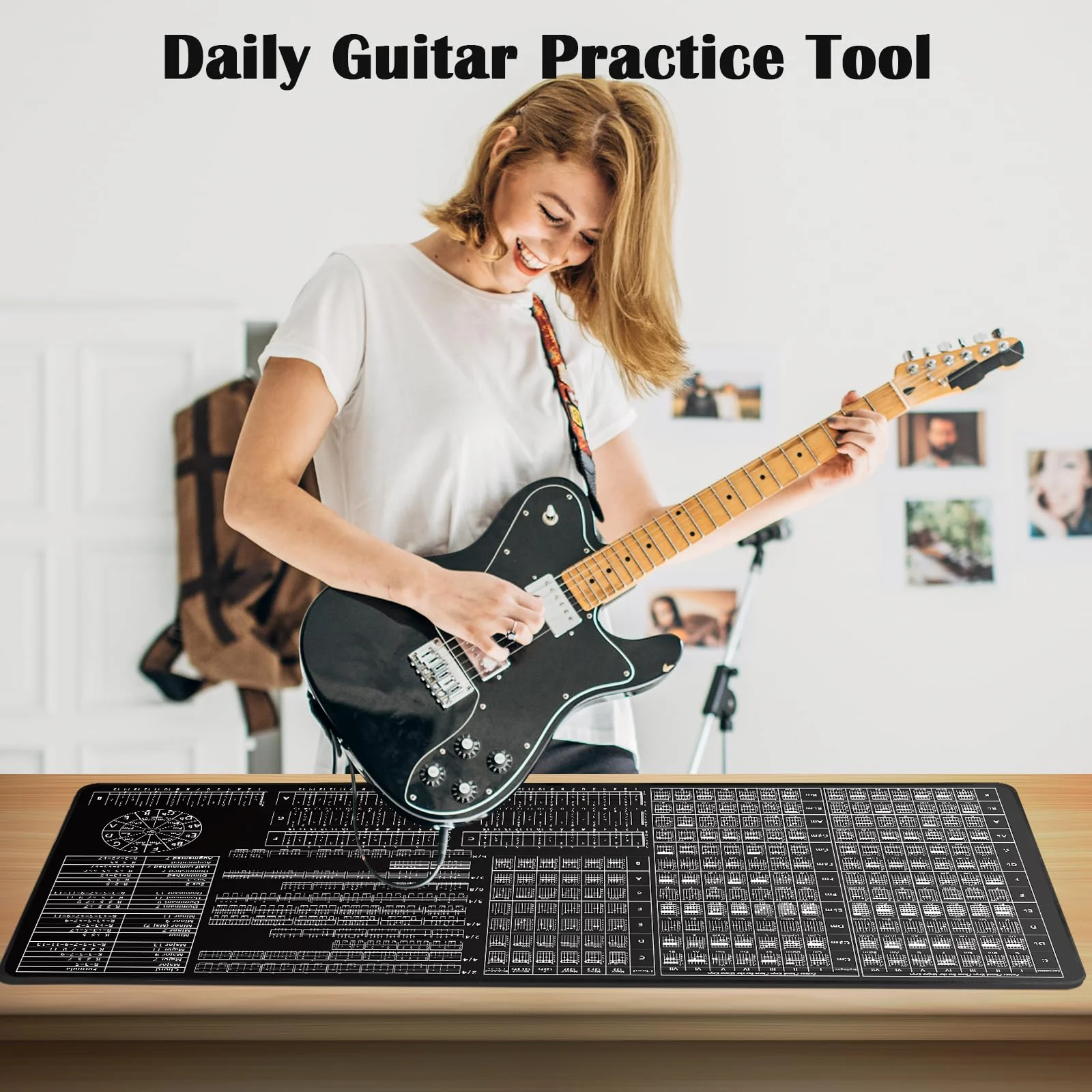 Guitar Practice Mat Guitar Knowledge Chart Mat 39” X 18” Guitar Practice Tool Major Minor Key Guitar Chord Fretboard Scale Rhythm Strumming Broken Chord Circle of Fifths for Beginners - Image 3
