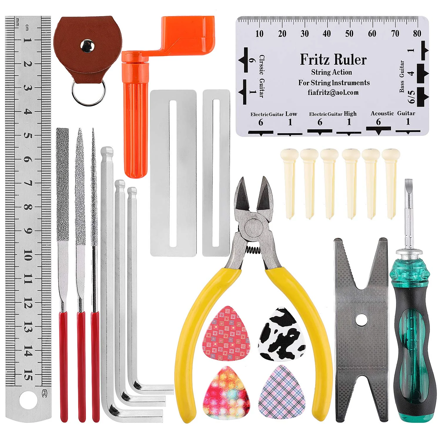 Guitar Repairing Tool Kit(26PCS) Wire Plier,String Organizer,Fingerboard Protector,Hex Wrenches, Files, String Ruler Action Ruler, Spanner Wrench,Bridge Pins for Guitar Ukulele Bass Mandolin Banjo - Image 2
