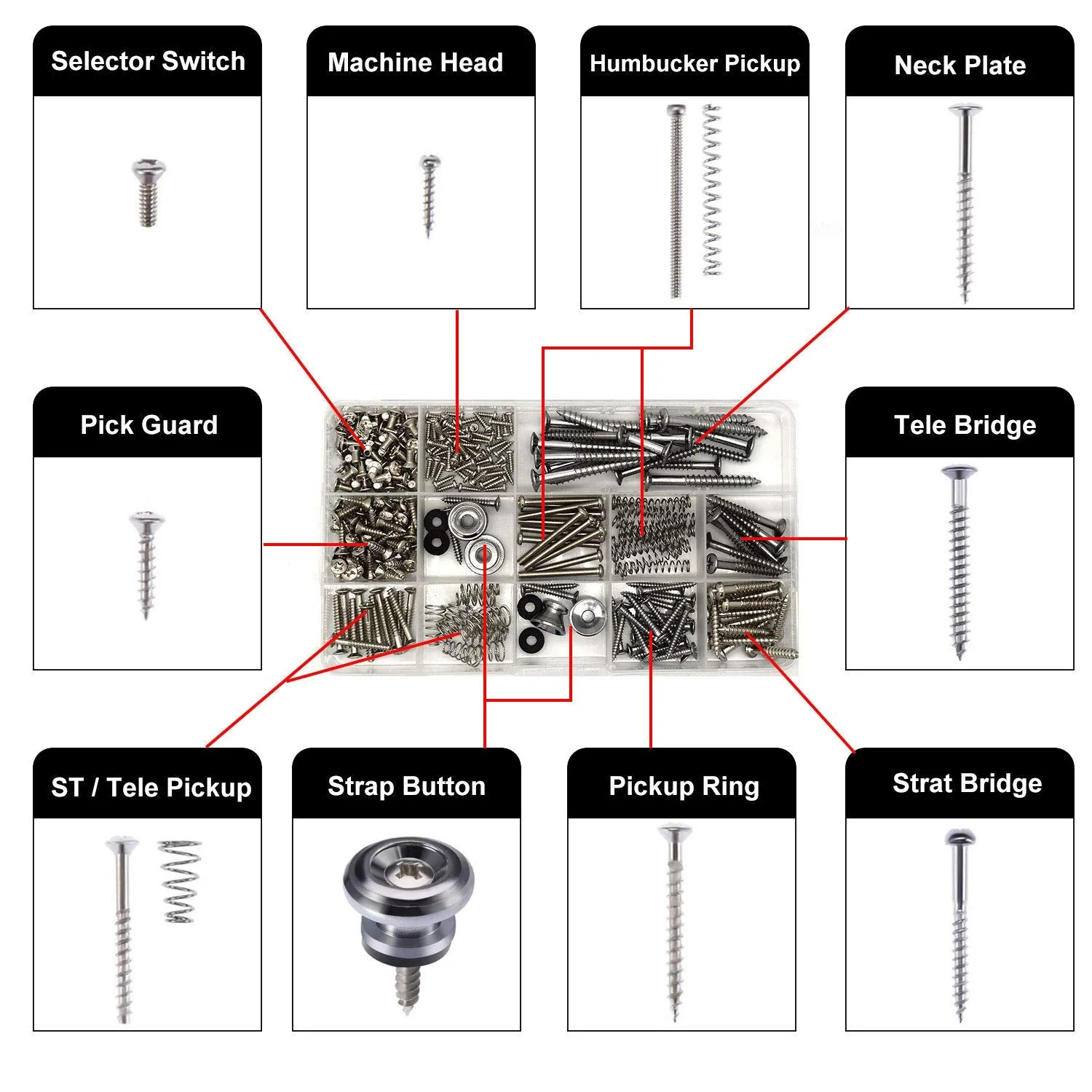 Guitar Screws Kit, Guitar Hardware Luthier Parts-kit for Tele/Strat/SQ,Switch,Tuner,Machine Head, Neck Plate,Pickguard,Guitar Strap End Pins,Pickup,Bridge,Guitar DIY Kit(Metric, Chrome) - Image 4