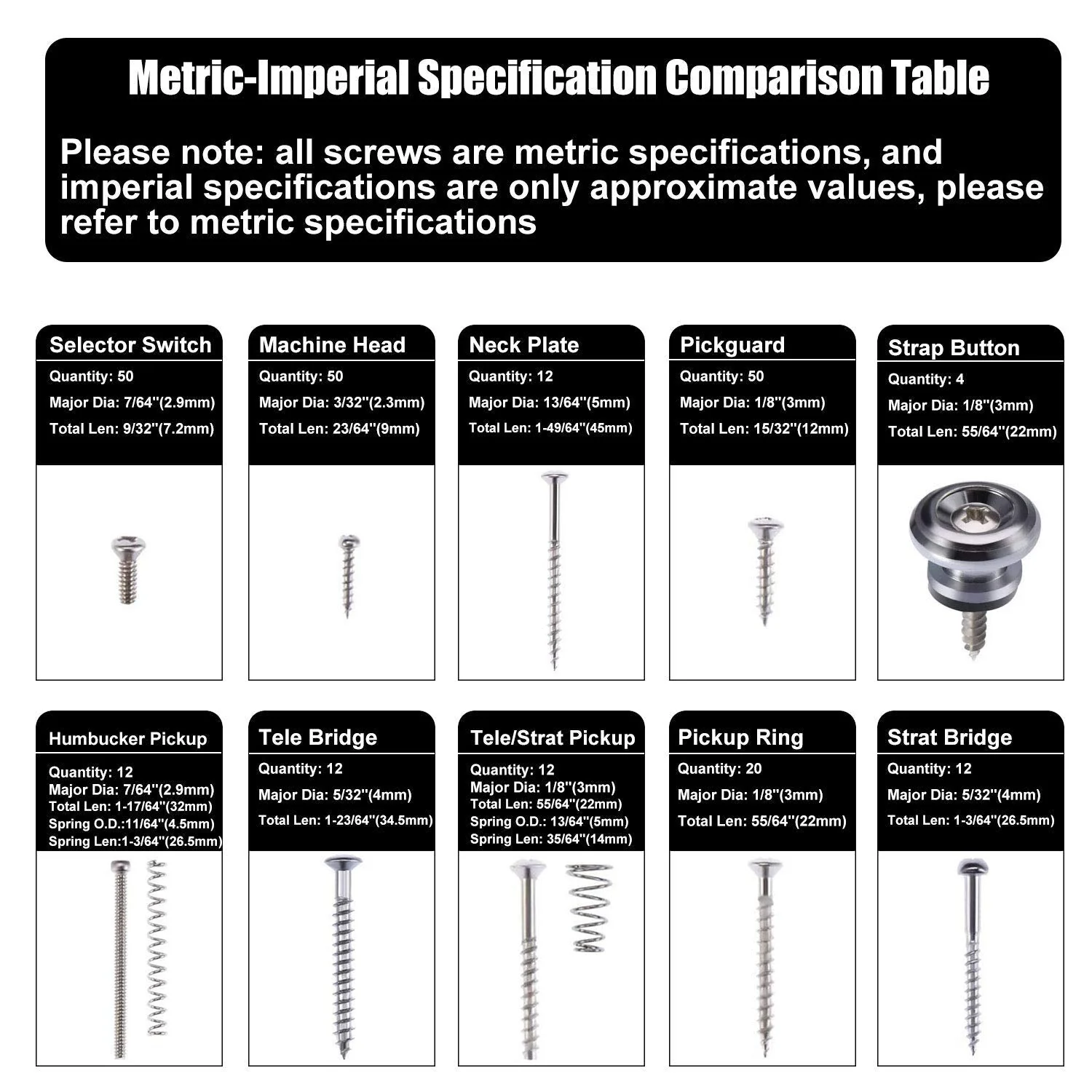Guitar Screws Kit, Guitar Hardware Luthier Parts-kit for Tele/Strat/SQ,Switch,Tuner,Machine Head, Neck Plate,Pickguard,Guitar Strap End Pins,Pickup,Bridge,Guitar DIY Kit(Metric, Chrome) - Image 5