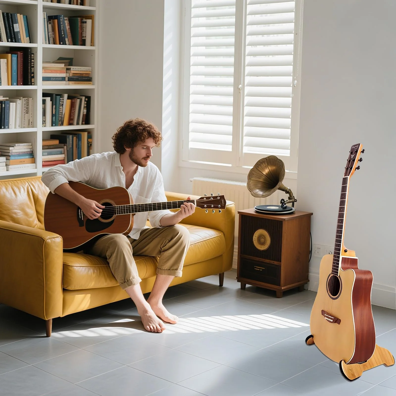 Guitar Stand Floor- Bamboo Acoustic Electric Guitar Stands A-frame Wooden, Foldable Wooden Single Bass Guitar Holder Portable Soporte Para Guitarra Rack for Mandolin Banjo Ukulee Violin (A-Frame) Frame-A - Image 2