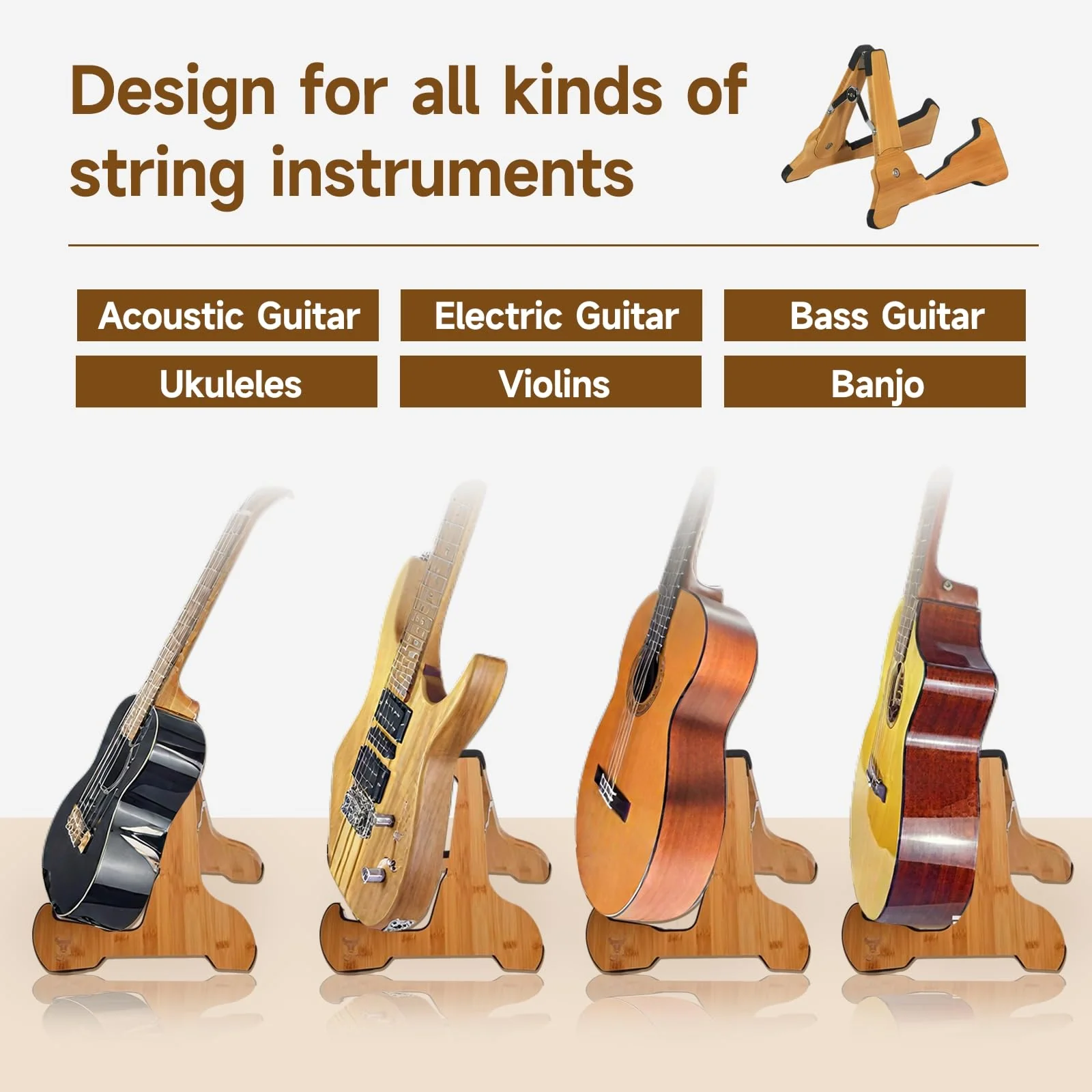 Guitar Stand Floor- Bamboo Acoustic Electric Guitar Stands A-frame Wooden, Foldable Wooden Single Bass Guitar Holder Portable Soporte Para Guitarra Rack for Mandolin Banjo Ukulee Violin (A-Frame) Frame-A - Image 4