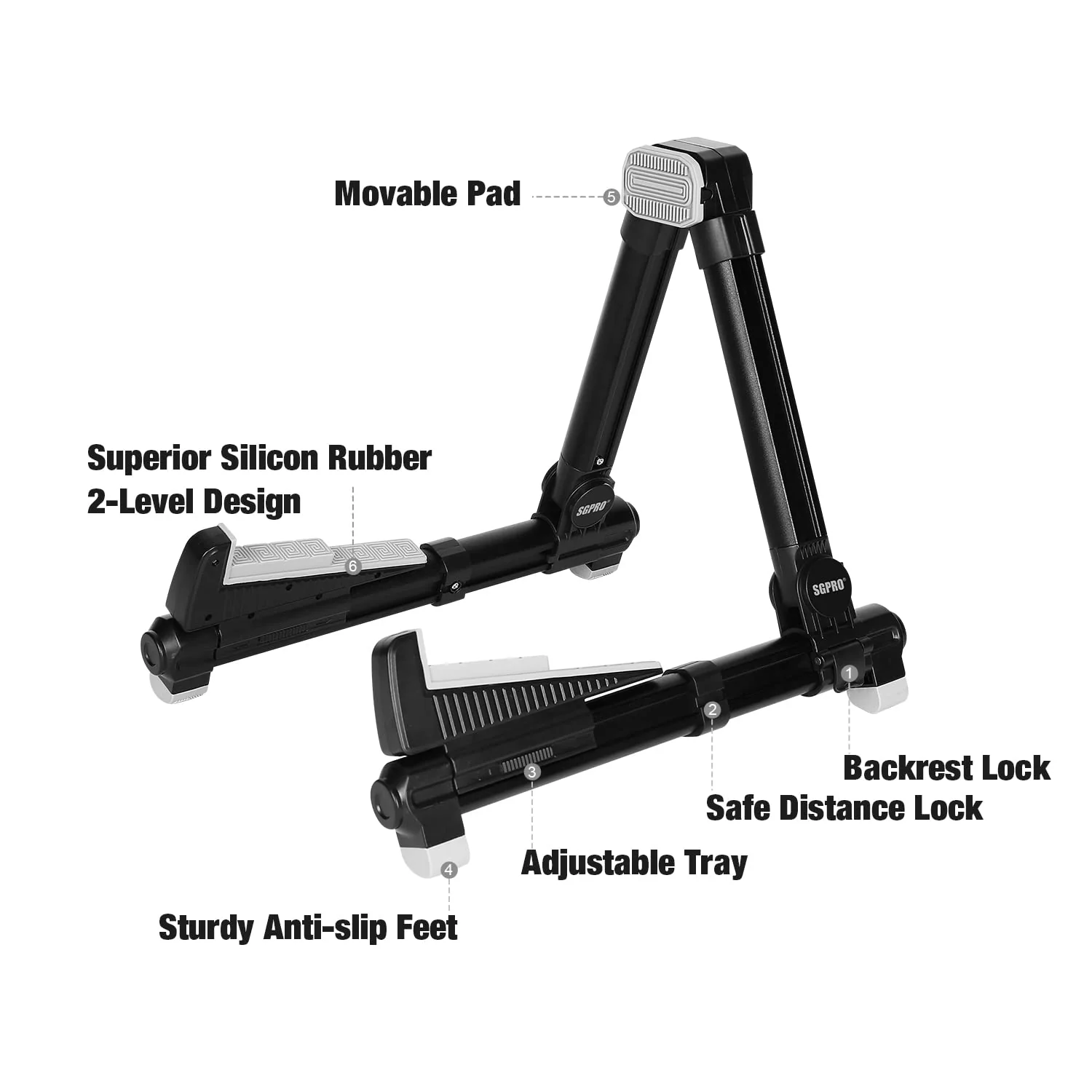 Guitar Stand Floor With Tray & Backrest - Adjustable Instrument Stand for Electric, Acoustic, Bass, Classical Guitars, Ukulele, Mandolin, and Banjo - Superior Material & Design - Image 4
