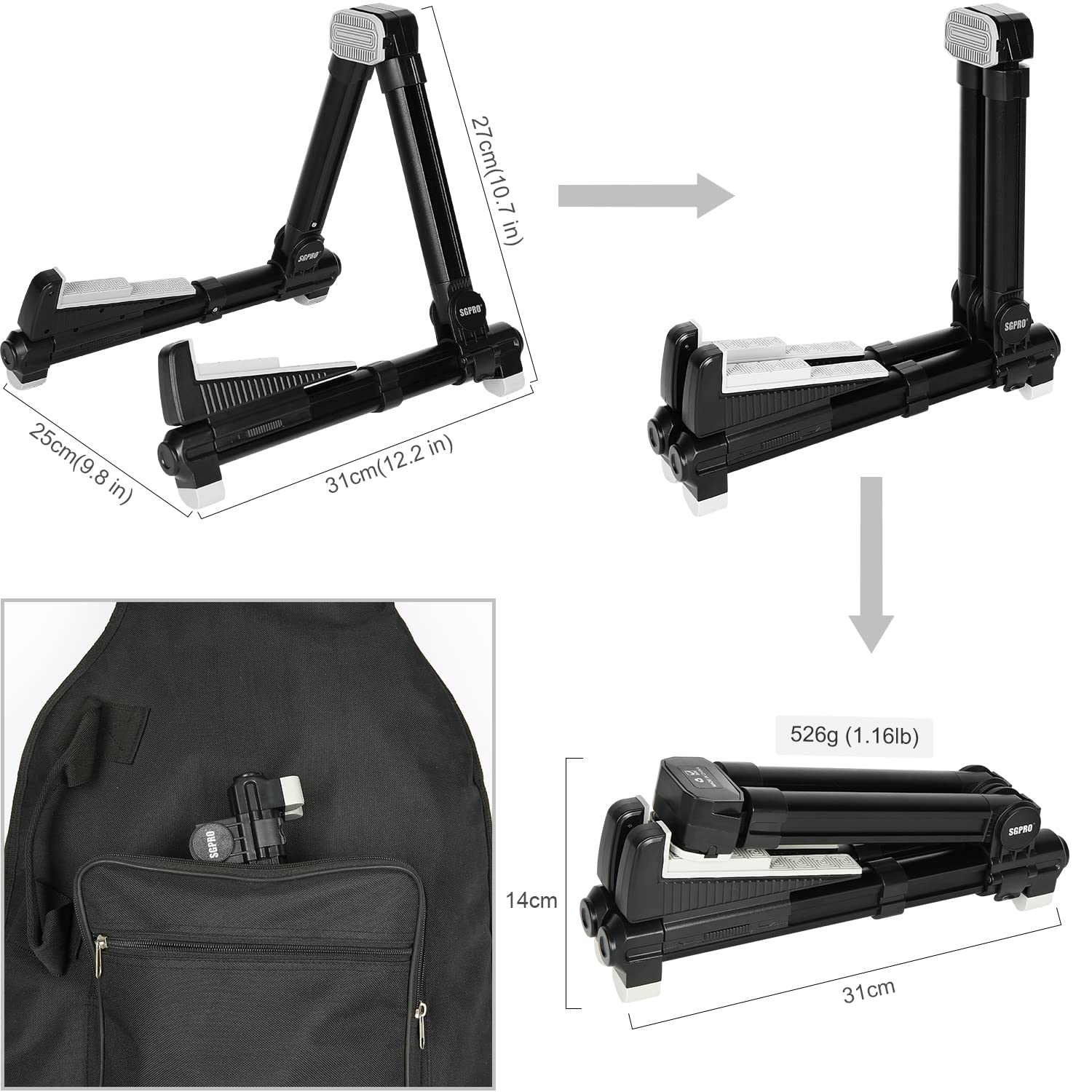 Guitar Stand Floor With Tray & Backrest - Adjustable Instrument Stand for Electric, Acoustic, Bass, Classical Guitars, Ukulele, Mandolin, and Banjo - Superior Material & Design - Image 5