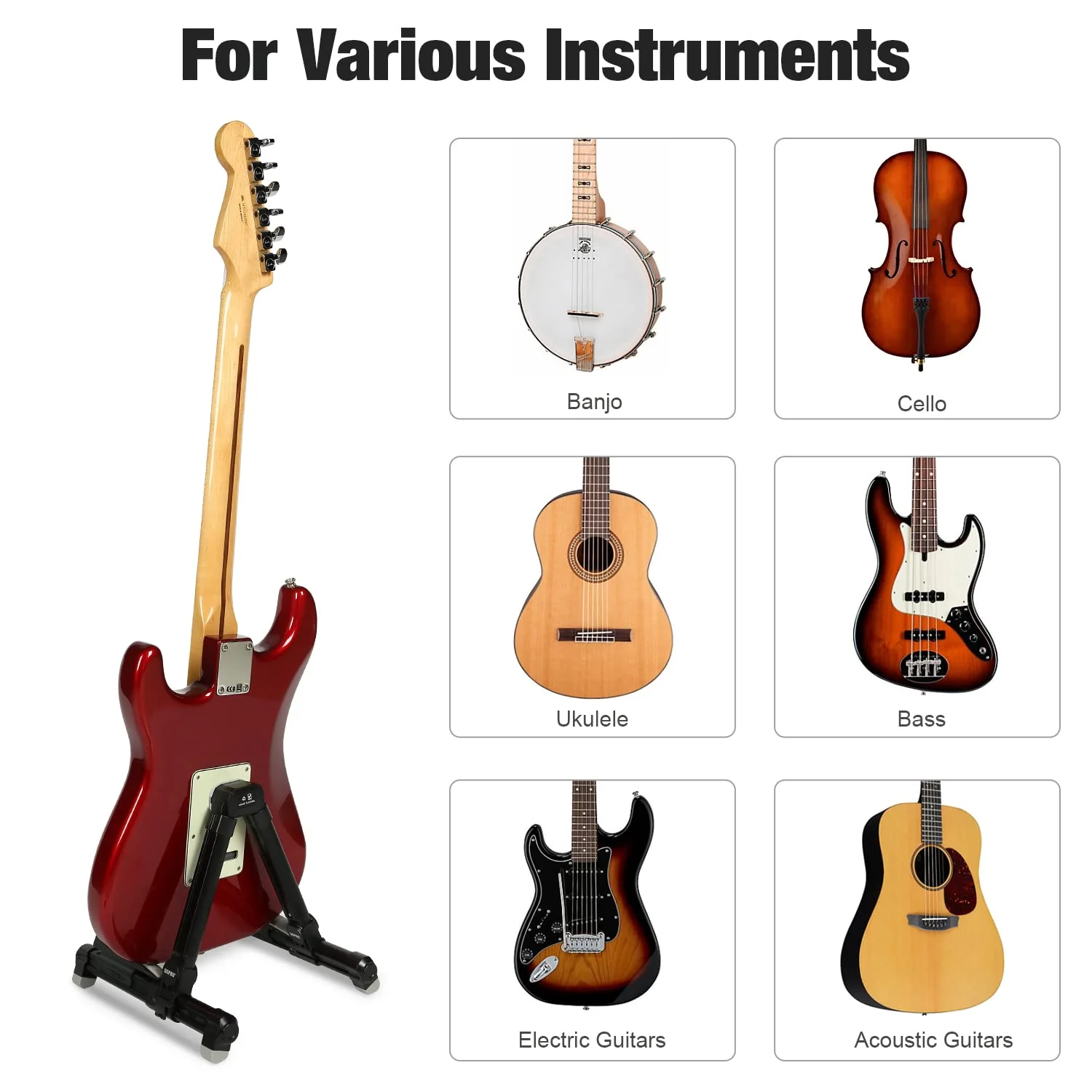Guitar Stand Floor With Tray & Backrest - Adjustable Instrument Stand for Electric, Acoustic, Bass, Classical Guitars, Ukulele, Mandolin, and Banjo - Superior Material & Design - Image 6