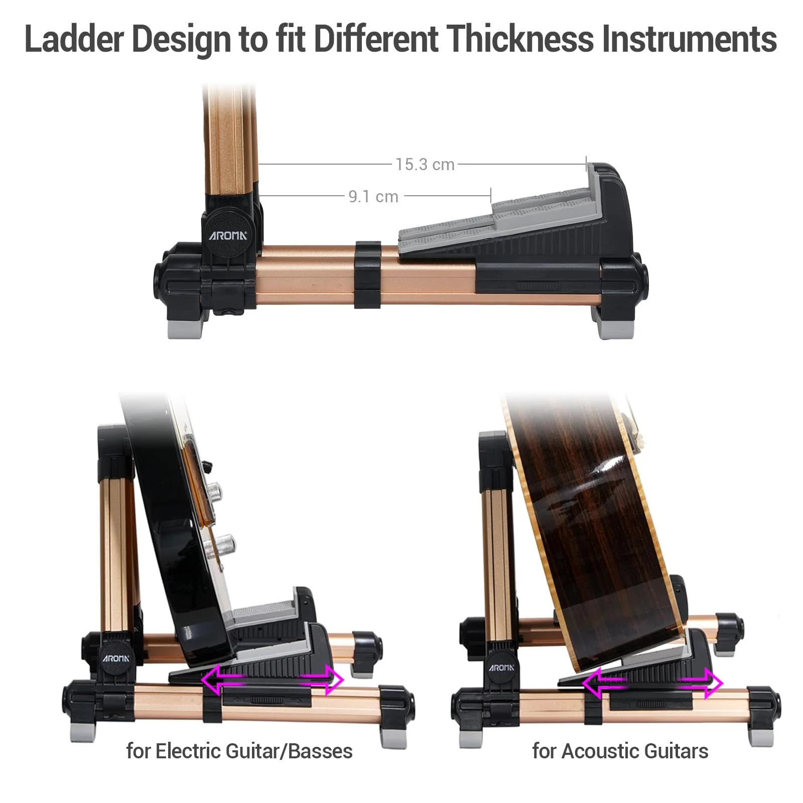 Guitar Stand - Foldable Aluminum Guitar Floor Stand Adjustable for All Types of Guitars, Basses, Ukuleles and Violins, Banjo Easy to Carry Steady Stand Safe Protection (Gold) Gold - Image 2