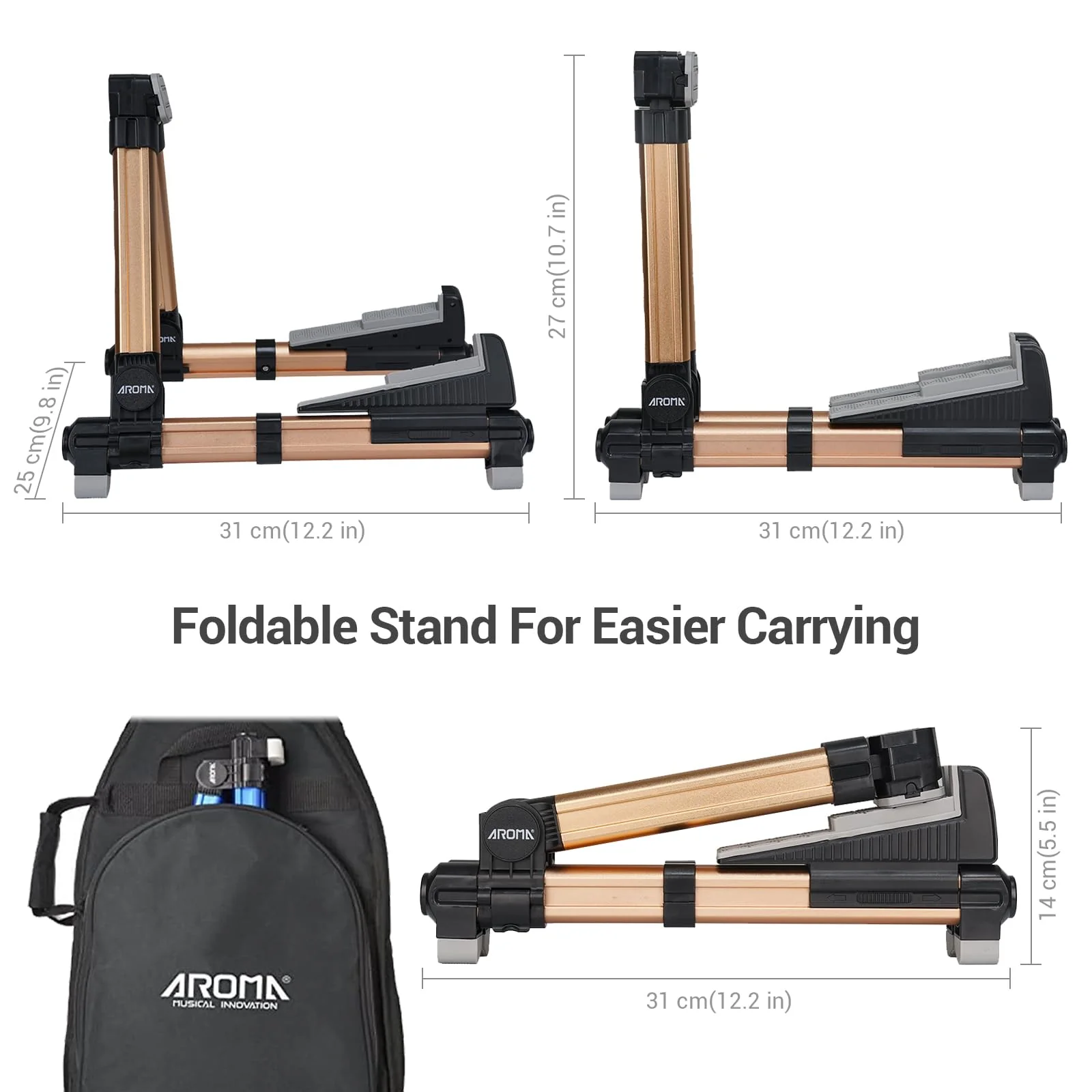 Guitar Stand - Foldable Aluminum Guitar Floor Stand Adjustable for All Types of Guitars, Basses, Ukuleles and Violins, Banjo Easy to Carry Steady Stand Safe Protection (Gold) Gold - Image 3