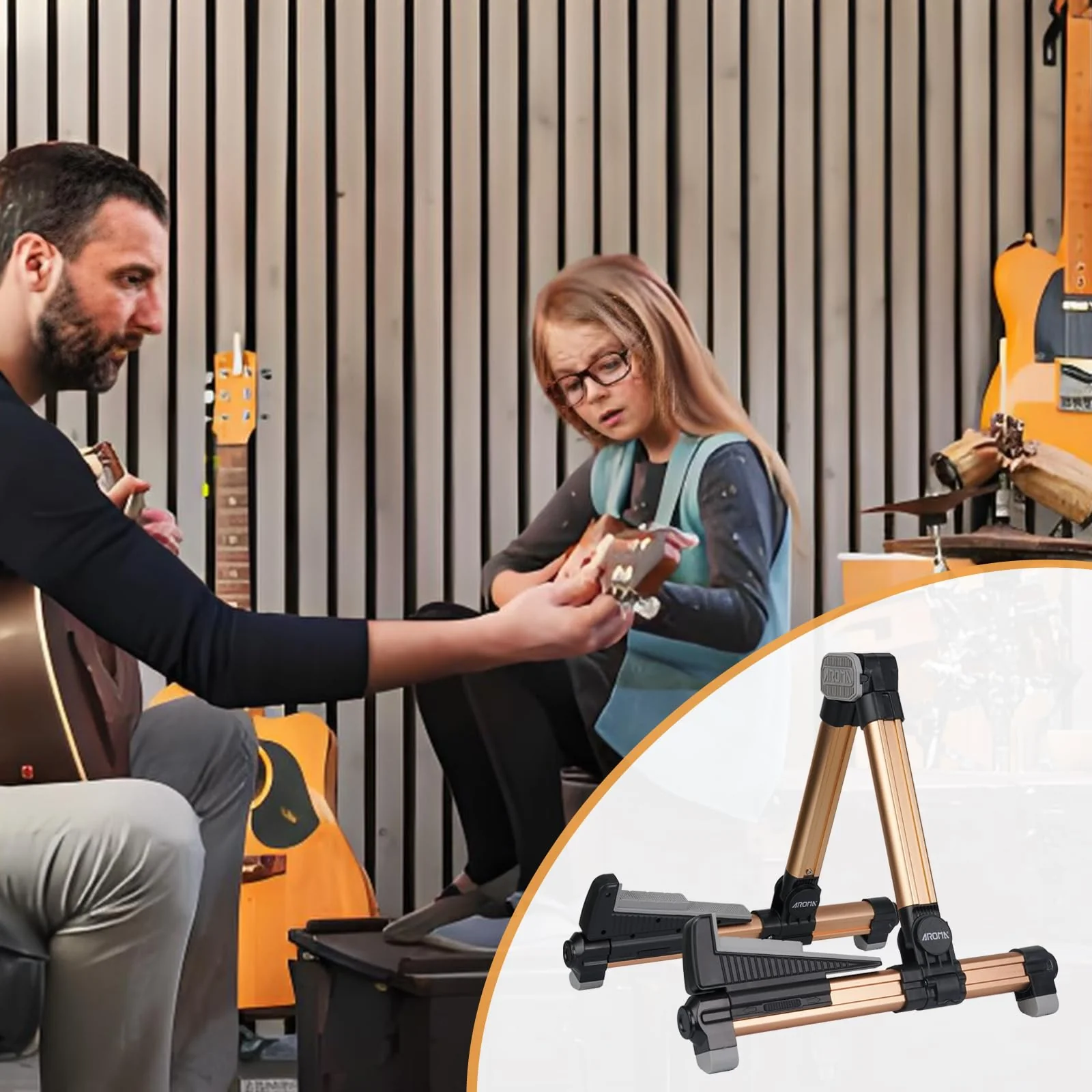 Guitar Stand - Foldable Aluminum Guitar Floor Stand Adjustable for All Types of Guitars, Basses, Ukuleles and Violins, Banjo Easy to Carry Steady Stand Safe Protection (Gold) Gold - Image 5