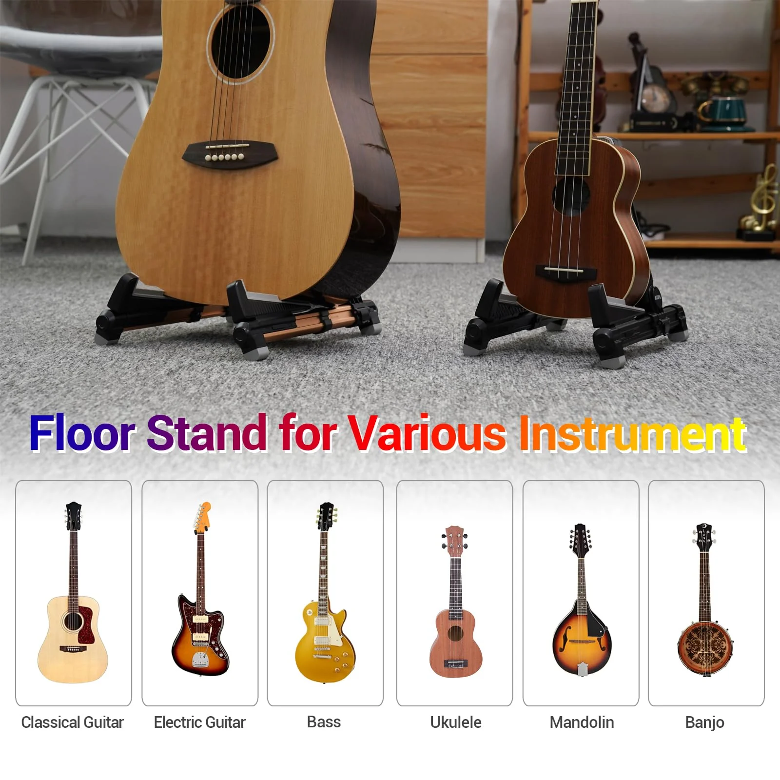 Guitar Stand - Foldable Aluminum Guitar Floor Stand Adjustable for All Types of Guitars, Basses, Ukuleles and Violins, Banjo Easy to Carry Steady Stand Safe Protection (Gold) Gold - Image 6