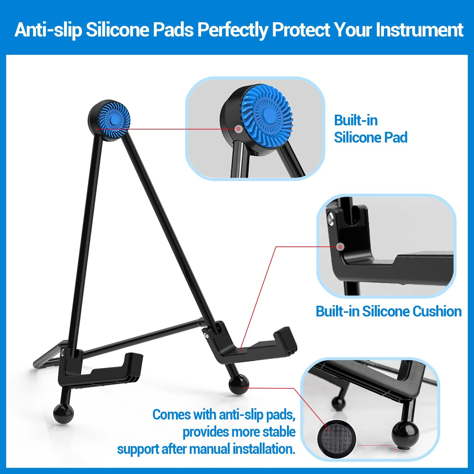 Guitar Stand - Foldable Guitar A-Frame Stand, Portable Solid Steel Guitar Floor Stand for Acoustic/Classical Guitar, Electric Guitar Bass, Banjo, Ukulele, with Non-Slip Rubber and Silicone Pad (Black) Guitar Stand - Image 2