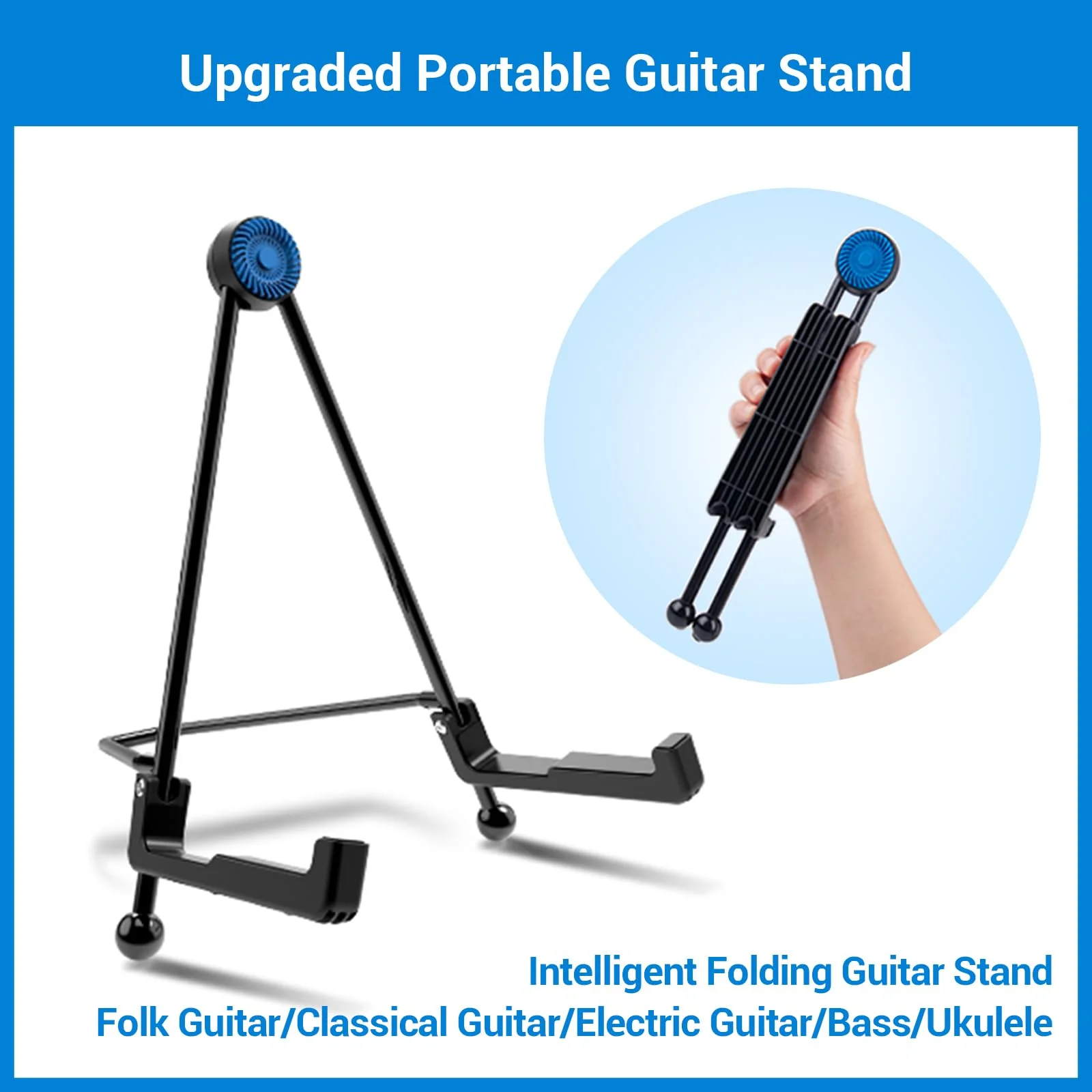 Guitar Stand - Foldable Guitar A-Frame Stand, Portable Solid Steel Guitar Floor Stand for Acoustic/Classical Guitar, Electric Guitar Bass, Banjo, Ukulele, with Non-Slip Rubber and Silicone Pad (Black) Guitar Stand - Image 3