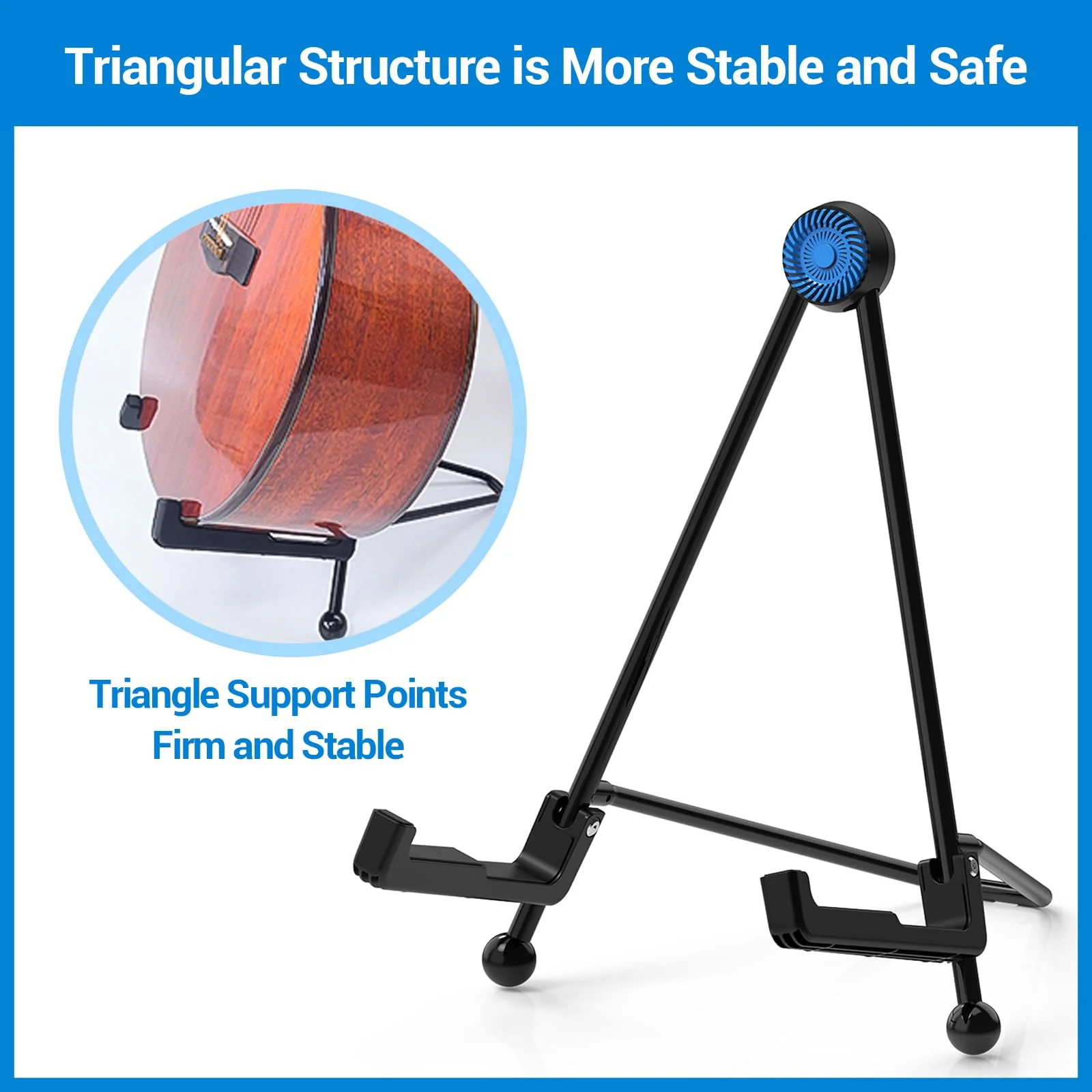 Guitar Stand - Foldable Guitar A-Frame Stand, Portable Solid Steel Guitar Floor Stand for Acoustic/Classical Guitar, Electric Guitar Bass, Banjo, Ukulele, with Non-Slip Rubber and Silicone Pad (Black) Guitar Stand - Image 4
