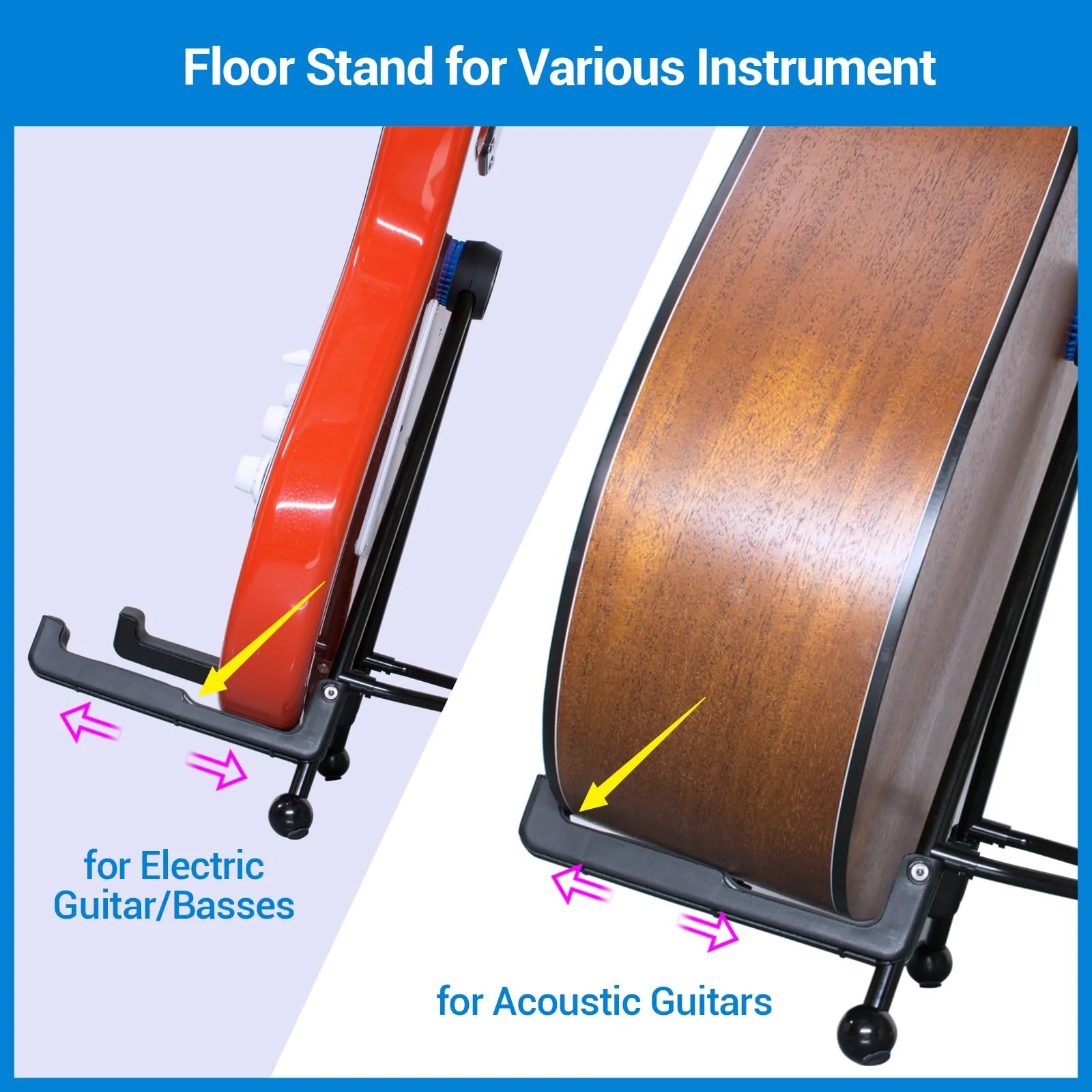 Guitar Stand - Foldable Guitar A-Frame Stand, Portable Solid Steel Guitar Floor Stand for Acoustic/Classical Guitar, Electric Guitar Bass, Banjo, Ukulele, with Non-Slip Rubber and Silicone Pad (Black) Guitar Stand - Image 6