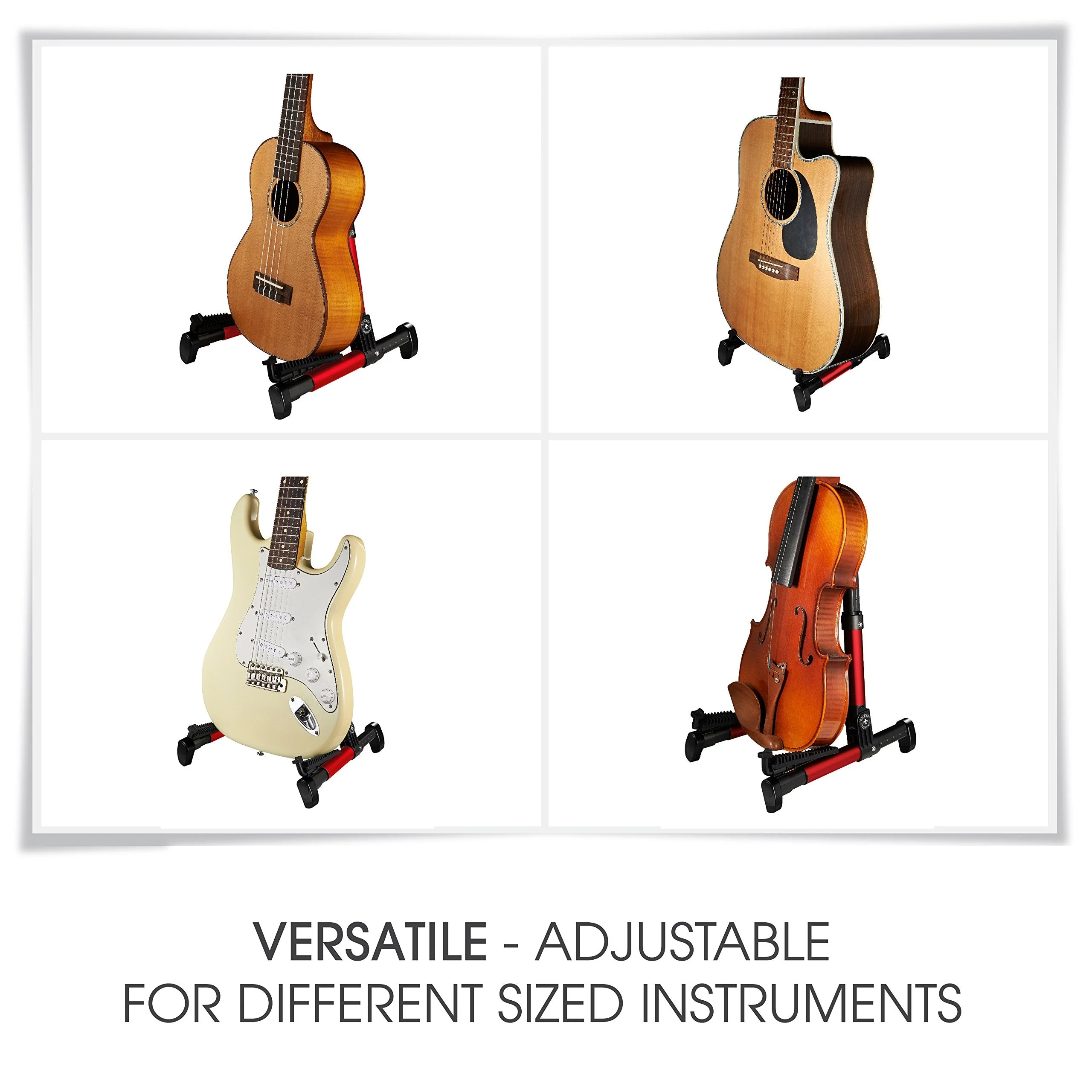 Guitar Stand for Acoustic/Electric/Classical Guitars and Violin, Ukulele, Bass, Banjo - Folding, Portable and Lightweight - for Concert & Travel Red - Image 3