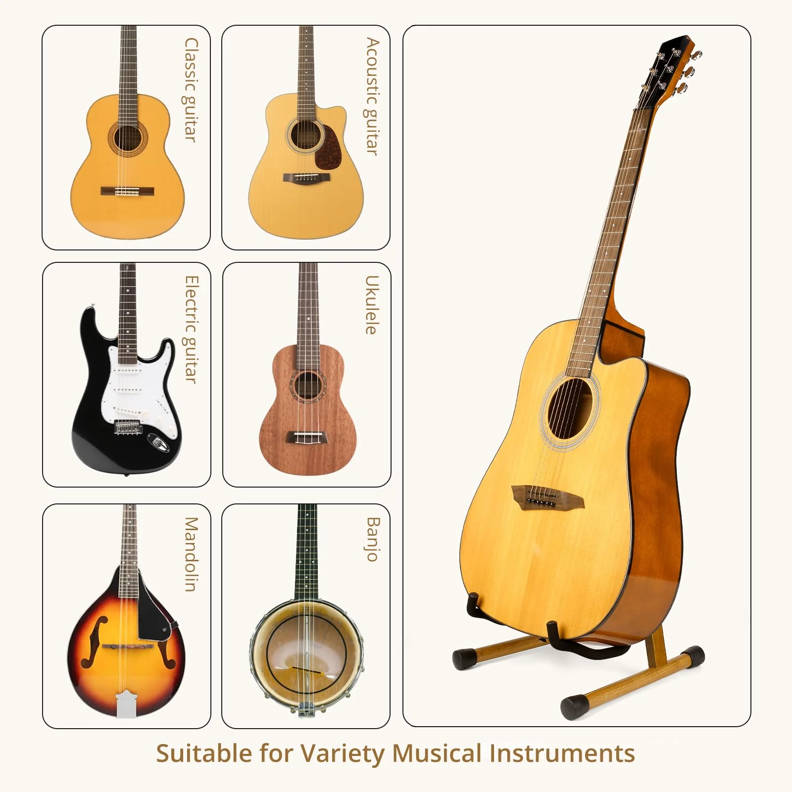 Guitar Stand, Guitar Floor Stand, Acoustic Electric Wooden A Frame Folding Guitar Holder Adjustable for Bass, Cello, Mandolin, Banjo, Ukulele (Acacia) Acacia Wood - Image 3