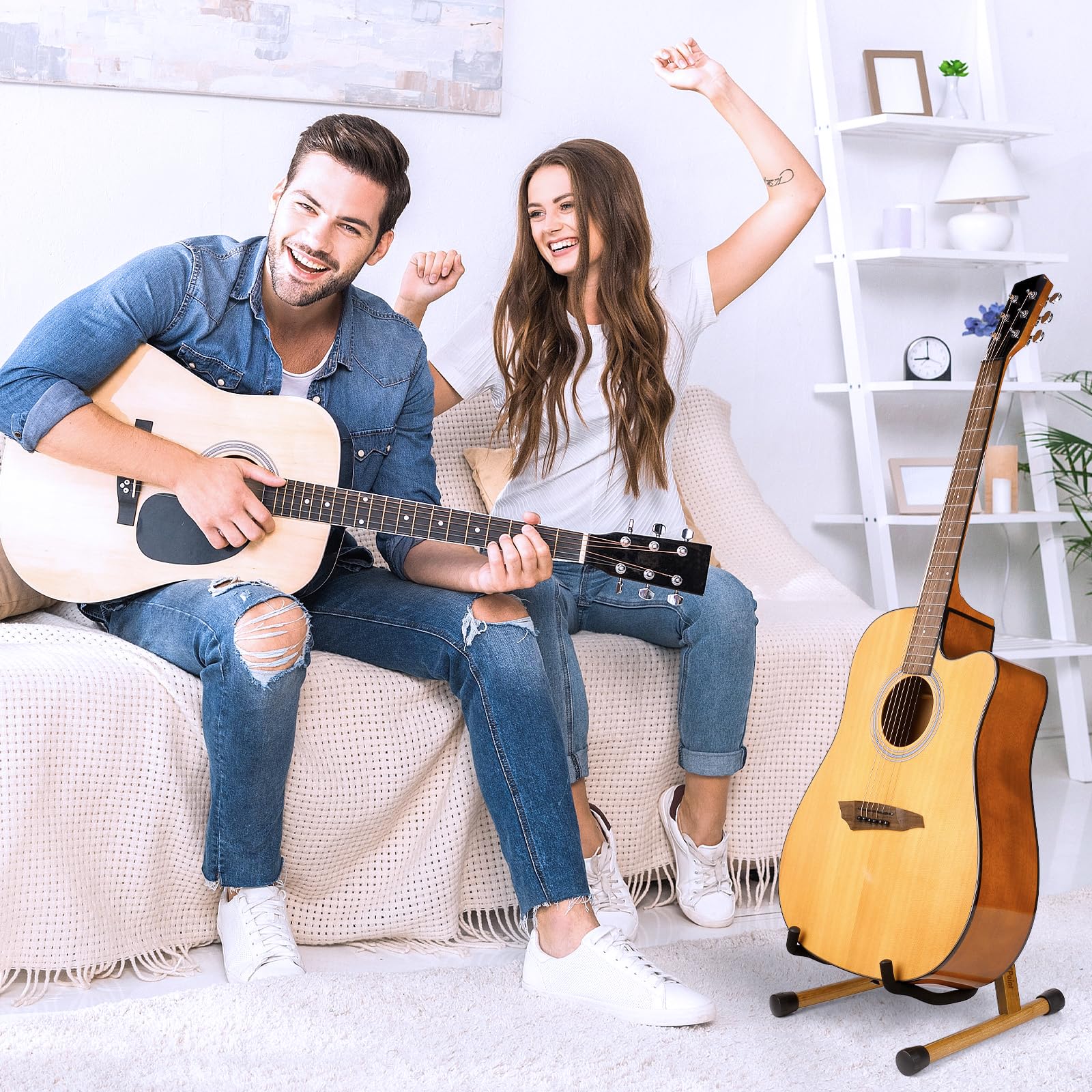 Guitar Stand, Guitar Floor Stand, Acoustic Electric Wooden A Frame Folding Guitar Holder Adjustable for Bass, Cello, Mandolin, Banjo, Ukulele (Acacia) Acacia Wood - Image 5