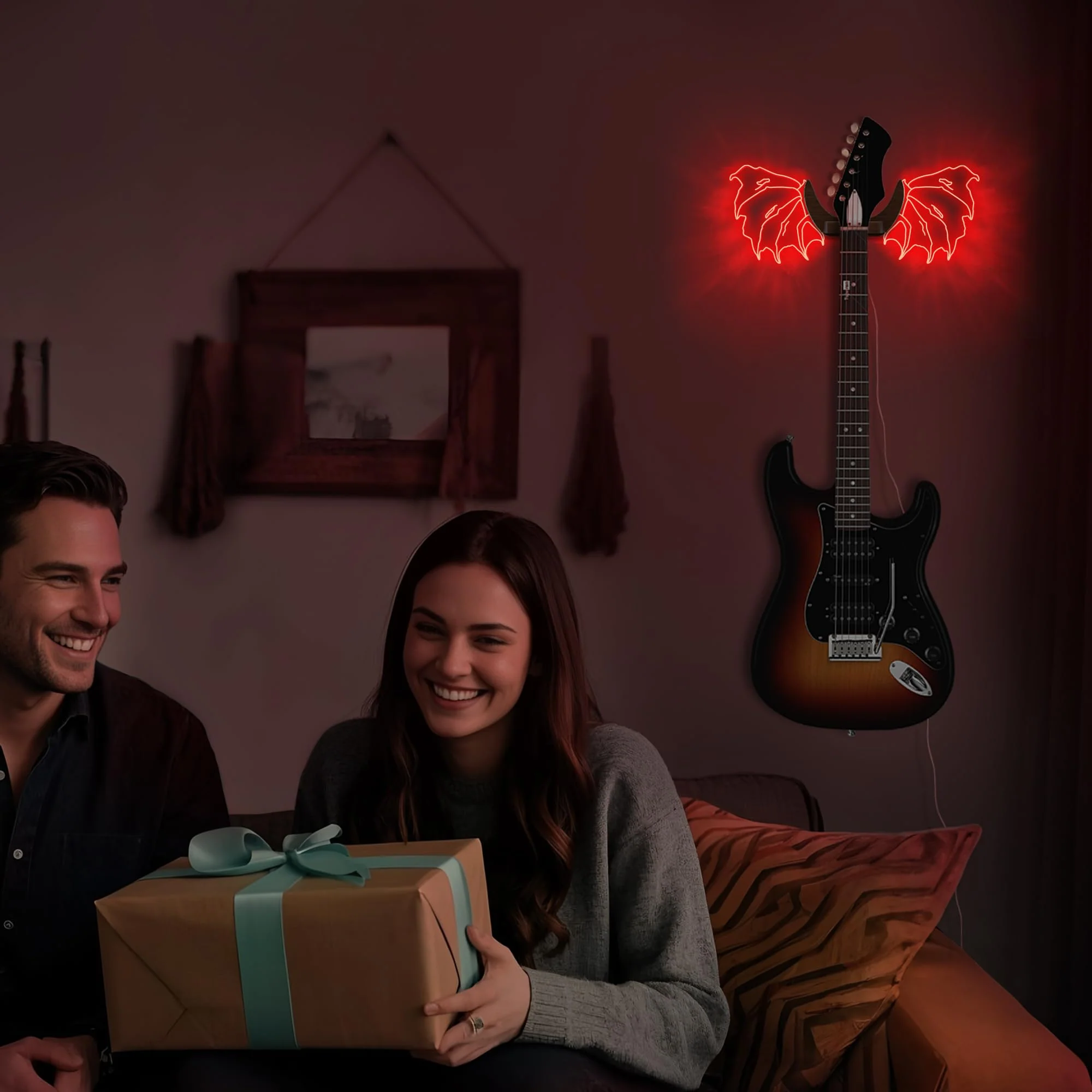 Guitar Stand Wall Mount with Luminous Devil Wings, Acrylic Wooden Guitar Hanger Shelf with USB Powered, for Acoustic Electric Bass Ukulele, Gift for Music Lovers Guitar Players Red devil - Image 7