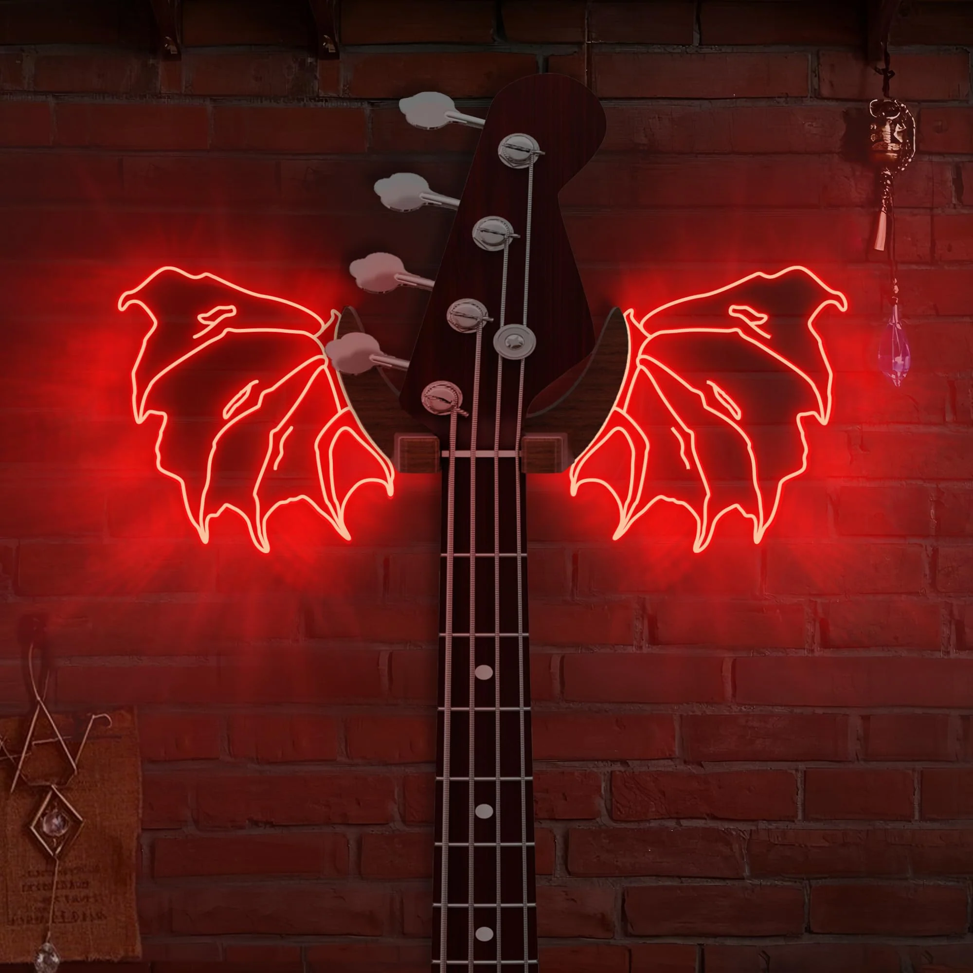 Guitar Stand Wall Mount with Luminous Devil Wings, Acrylic Wooden Guitar Hanger Shelf with USB Powered, for Acoustic Electric Bass Ukulele, Gift for Music Lovers Guitar Players Red devil - Image 9