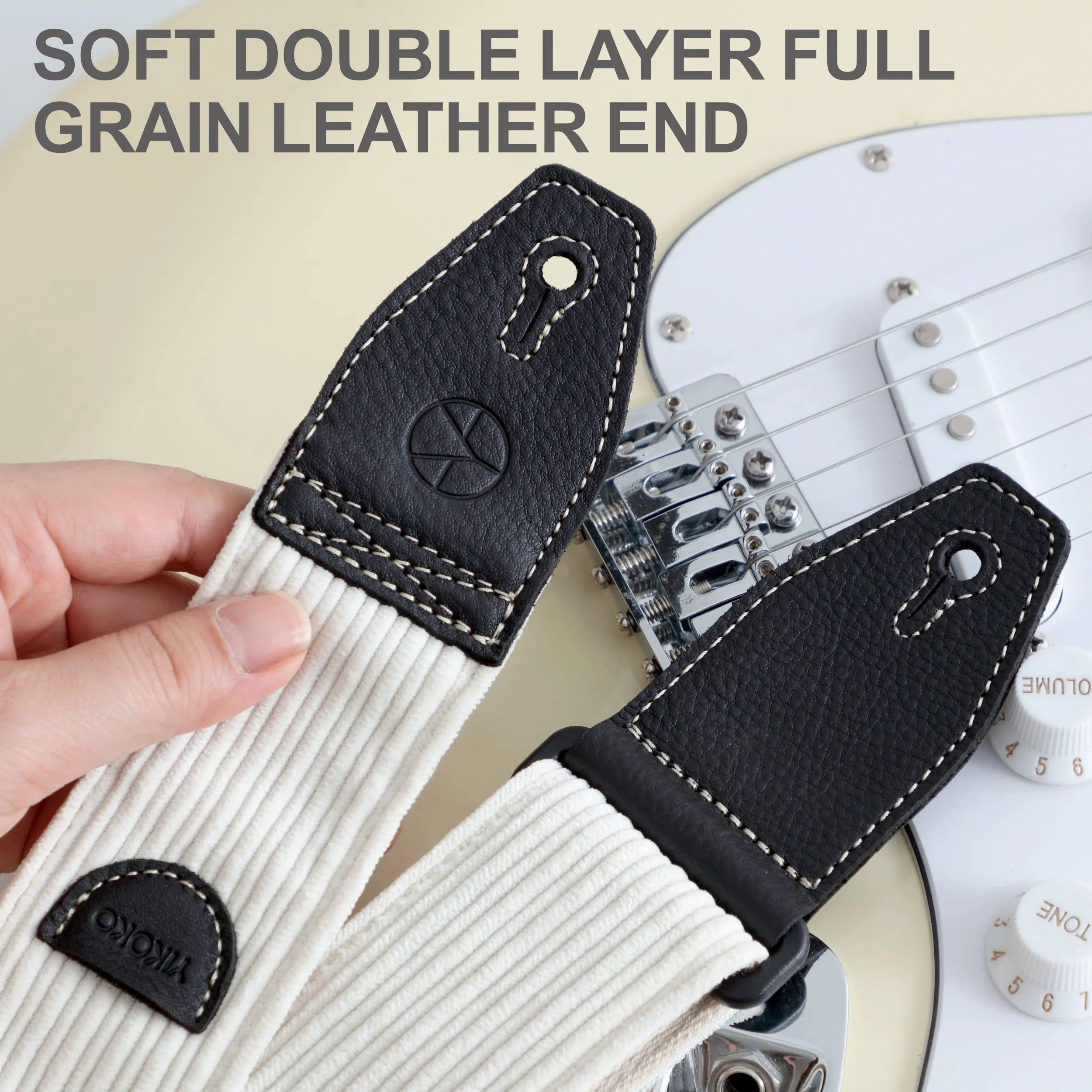 Guitar Strap 2 inch Corduroy Guitar Straps with Full Grain Leather End, for Bass Electric and Acoustic Guitars, Free Strap Button, 2 Strap Locks and 4 Guitar Picks Corduroy Series White - Image 2