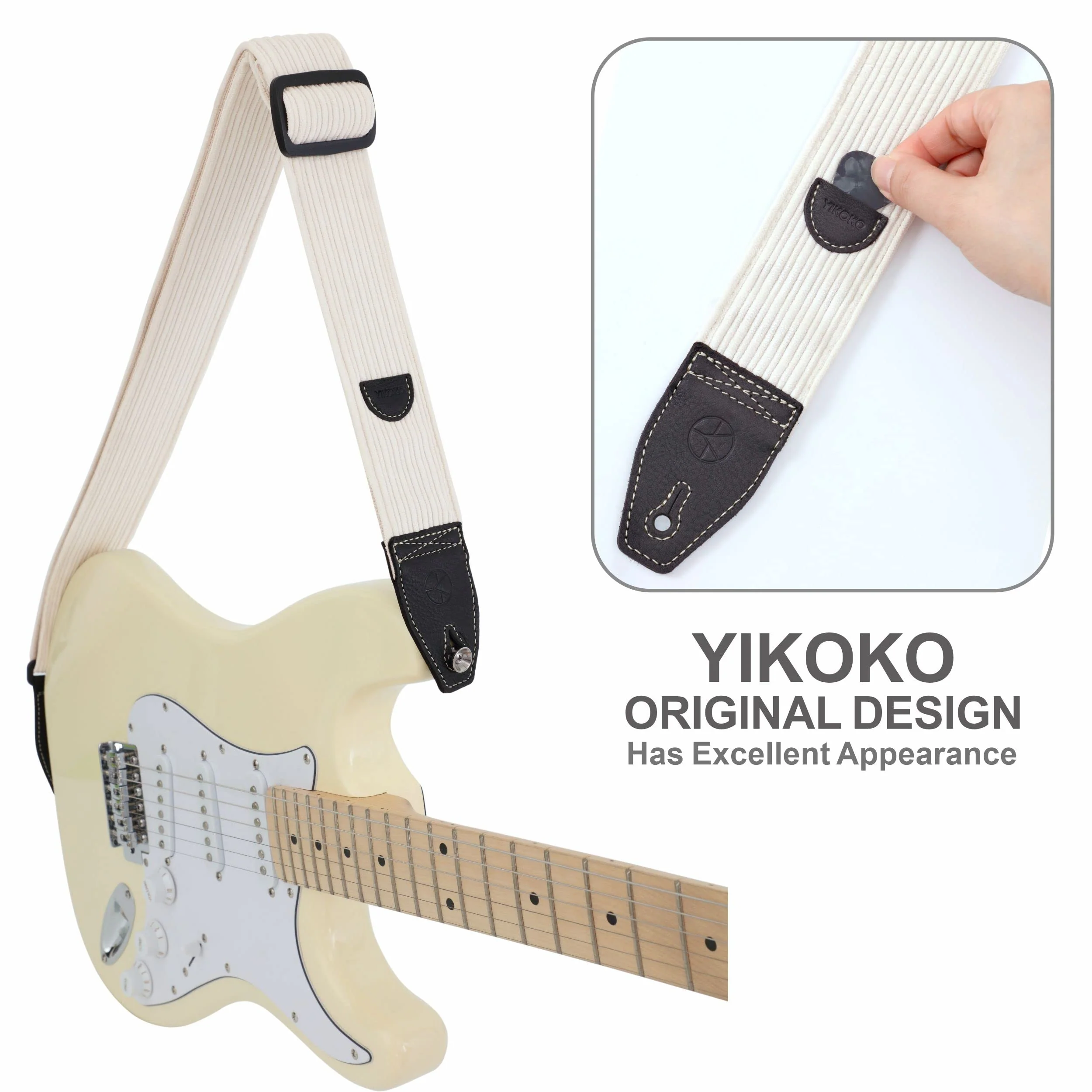 Guitar Strap 2 inch Corduroy Guitar Straps with Full Grain Leather End, for Bass Electric and Acoustic Guitars, Free Strap Button, 2 Strap Locks and 4 Guitar Picks Corduroy Series White - Image 3