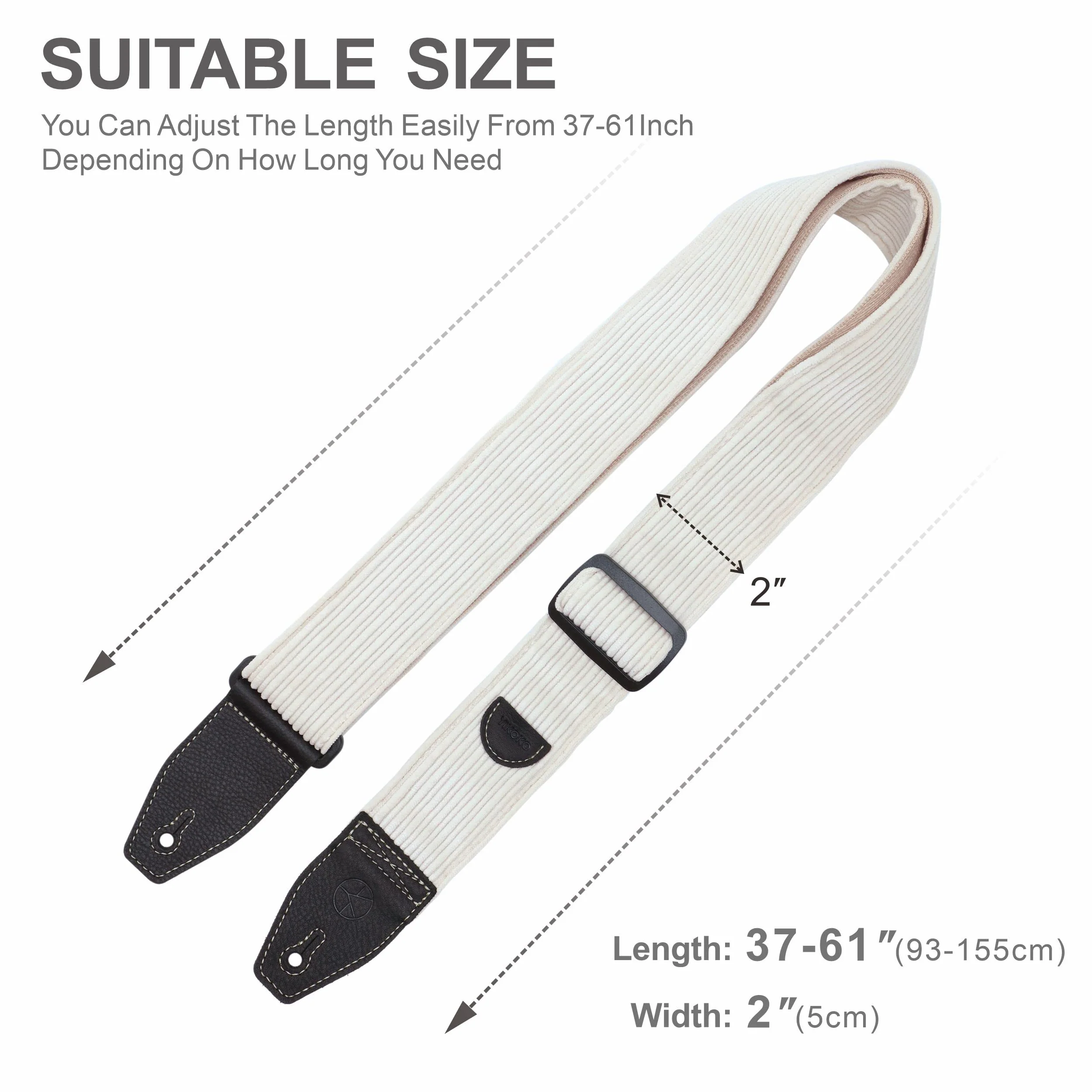 Guitar Strap 2 inch Corduroy Guitar Straps with Full Grain Leather End, for Bass Electric and Acoustic Guitars, Free Strap Button, 2 Strap Locks and 4 Guitar Picks Corduroy Series White - Image 7