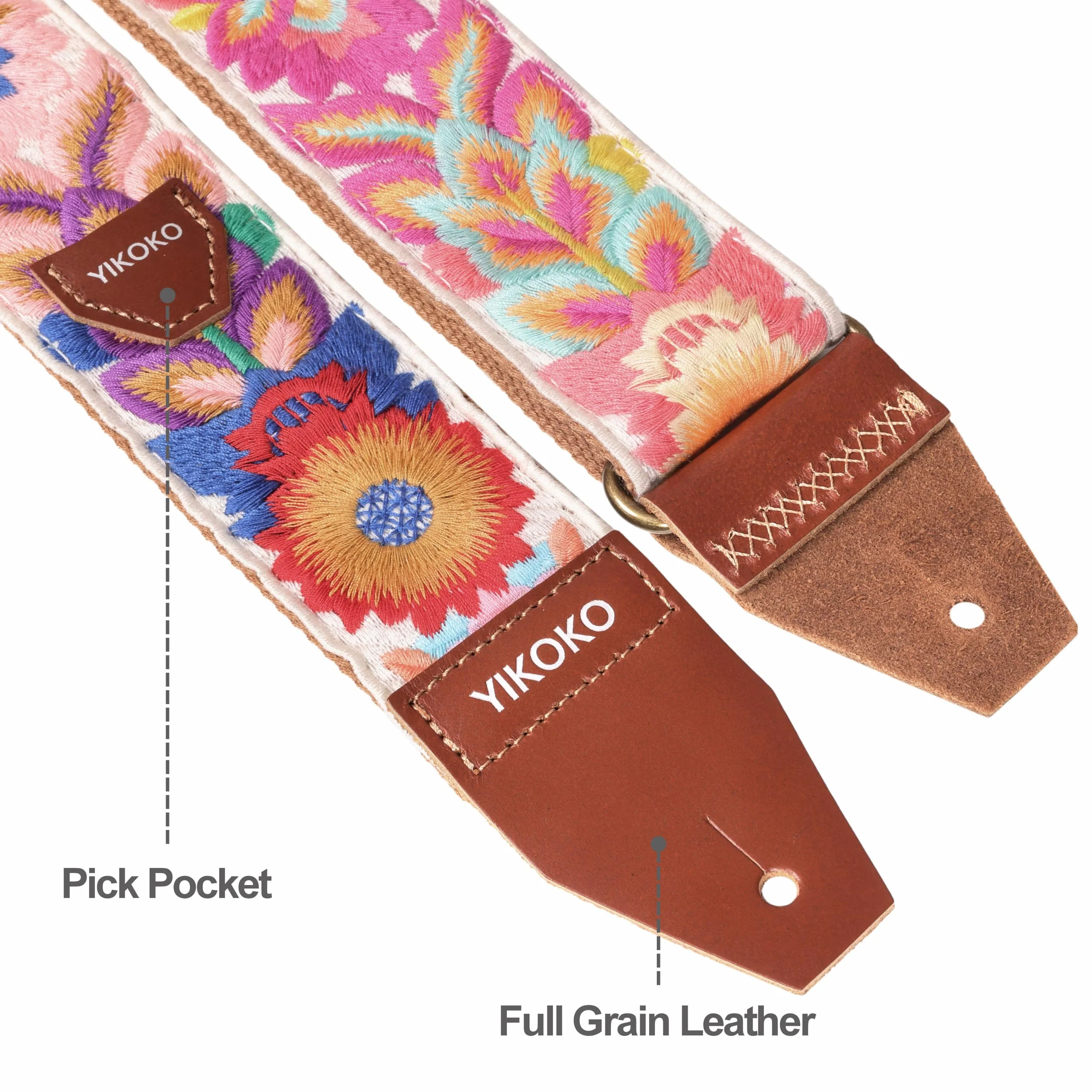 Guitar Strap，2 inch Flower Knit Cotton Guitar Straps with Full Grain Leather End, for Bass Electric and Acoustic Guitars, Free Strap Button, 2 Strap Locks and 4 Guitar Picks Colorful Flower 03 - Image 2