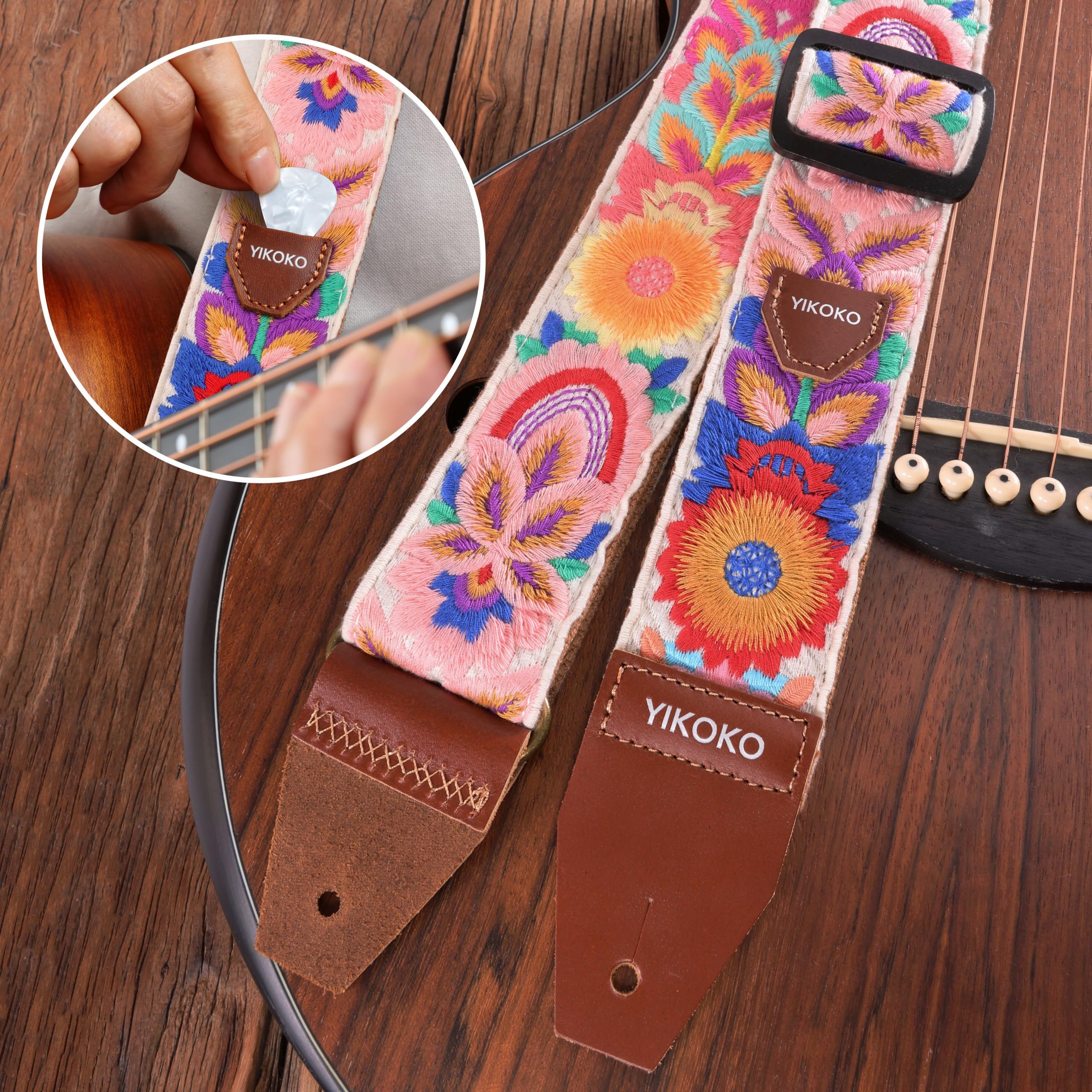 Guitar Strap，2 inch Flower Knit Cotton Guitar Straps with Full Grain Leather End, for Bass Electric and Acoustic Guitars, Free Strap Button, 2 Strap Locks and 4 Guitar Picks Colorful Flower 03 - Image 5