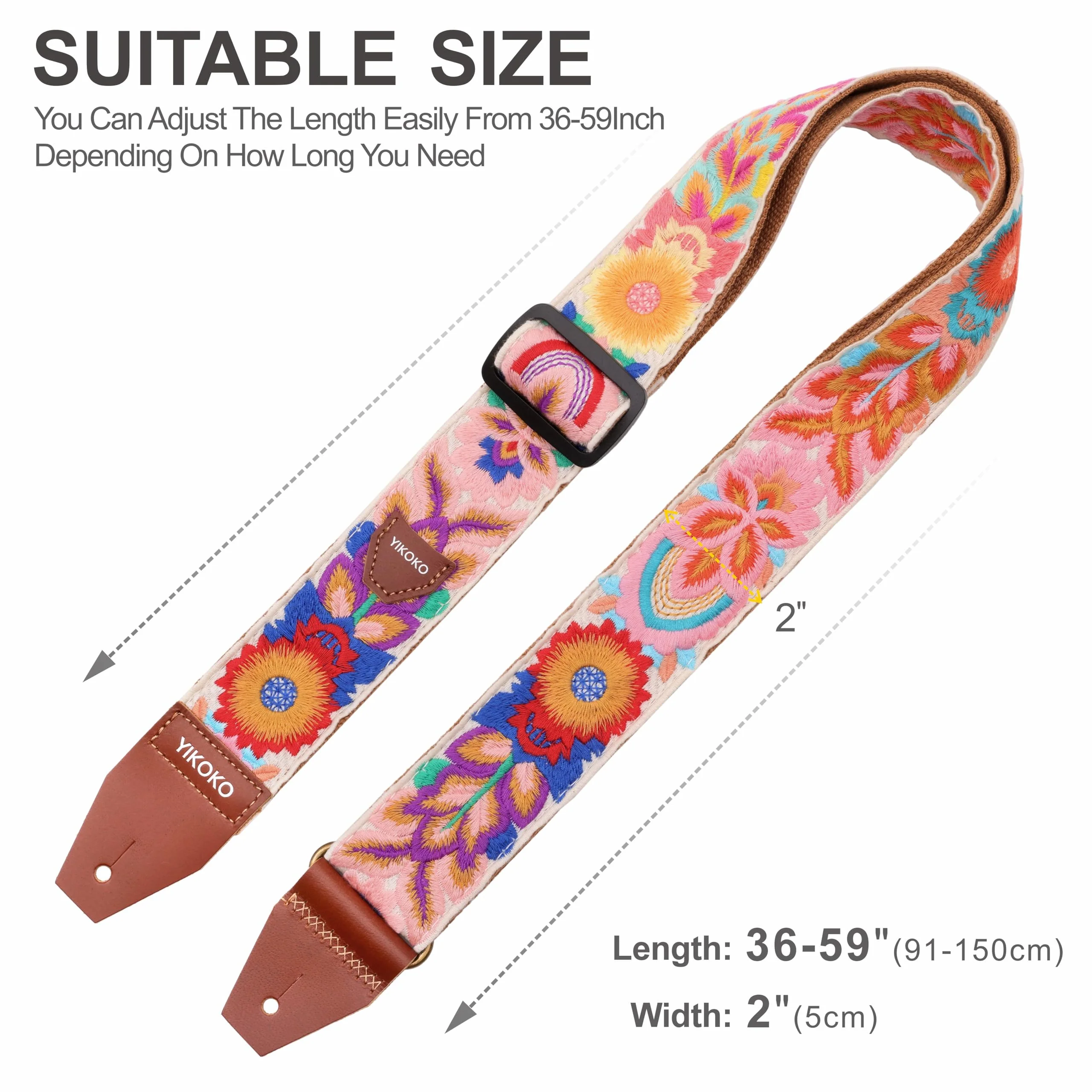 Guitar Strap，2 inch Flower Knit Cotton Guitar Straps with Full Grain Leather End, for Bass Electric and Acoustic Guitars, Free Strap Button, 2 Strap Locks and 4 Guitar Picks Colorful Flower 03 - Image 6