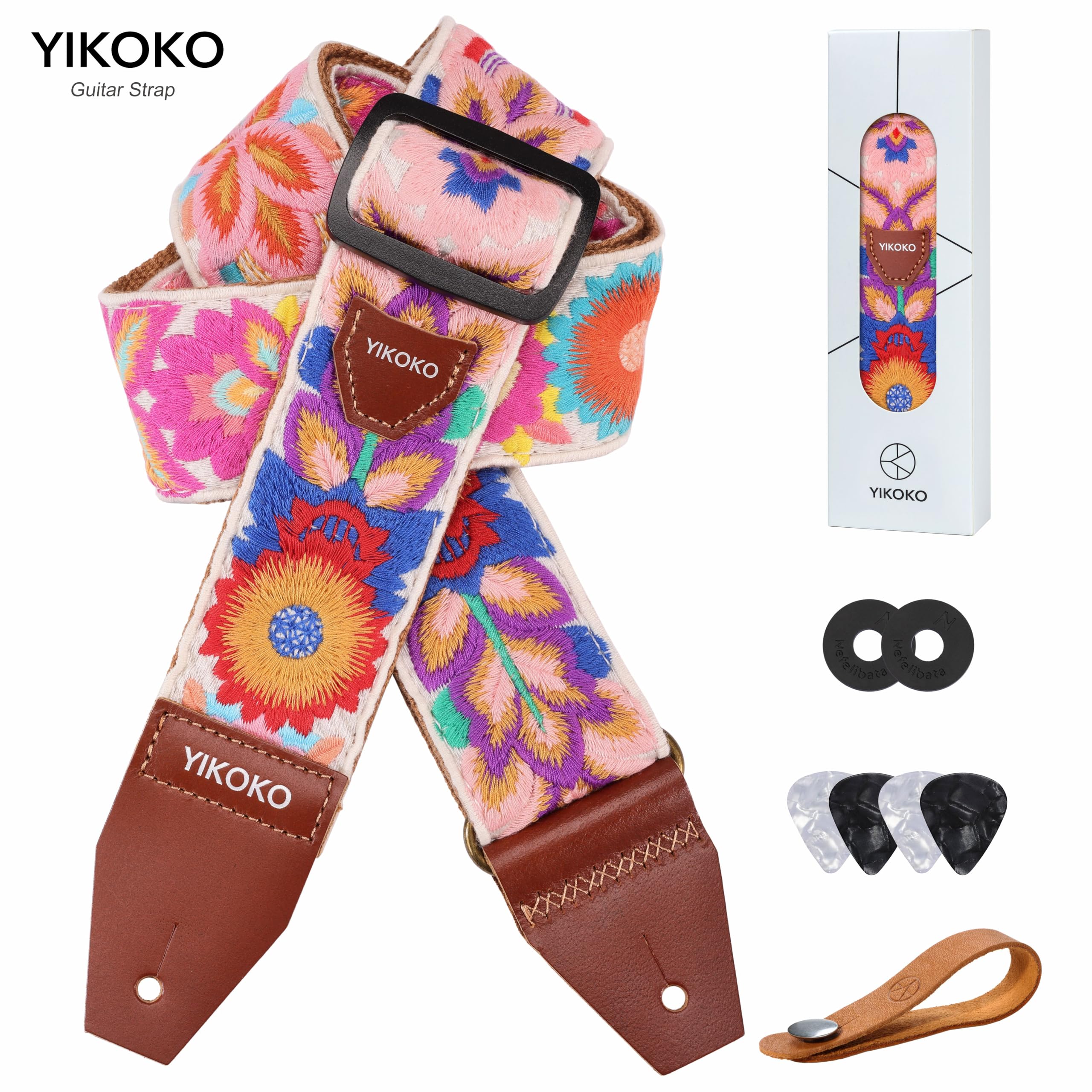 Guitar Strap，2 inch Flower Knit Cotton Guitar Straps with Full Grain Leather End, for Bass Electric and Acoustic Guitars, Free Strap Button, 2 Strap Locks and 4 Guitar Picks Colorful Flower 03 - Image 7