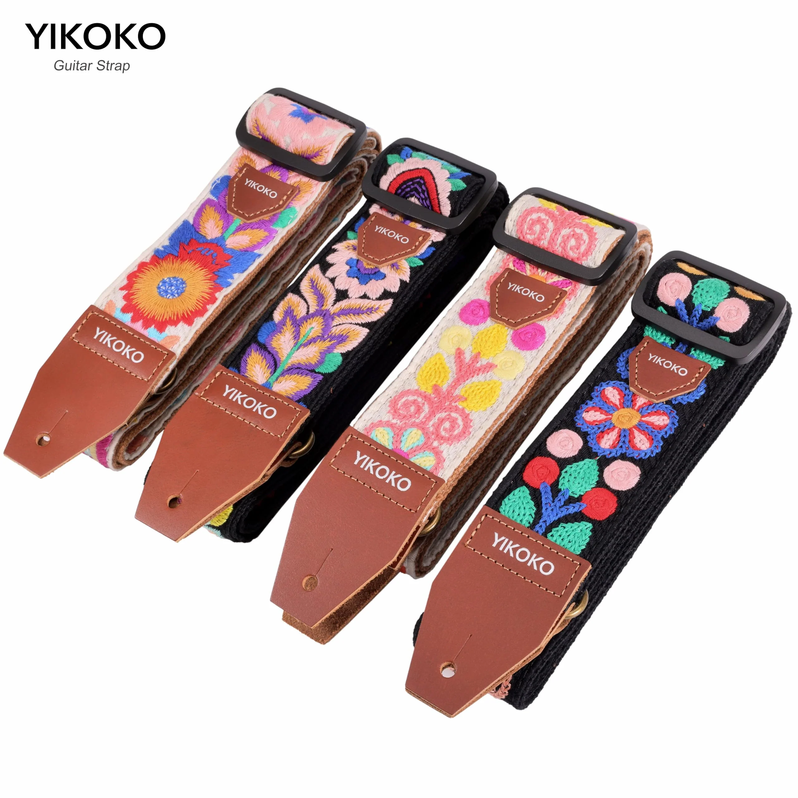 Guitar Strap，2 inch Flower Knit Cotton Guitar Straps with Full Grain Leather End, for Bass Electric and Acoustic Guitars, Free Strap Button, 2 Strap Locks and 4 Guitar Picks Colorful Flower 03 - Image 8