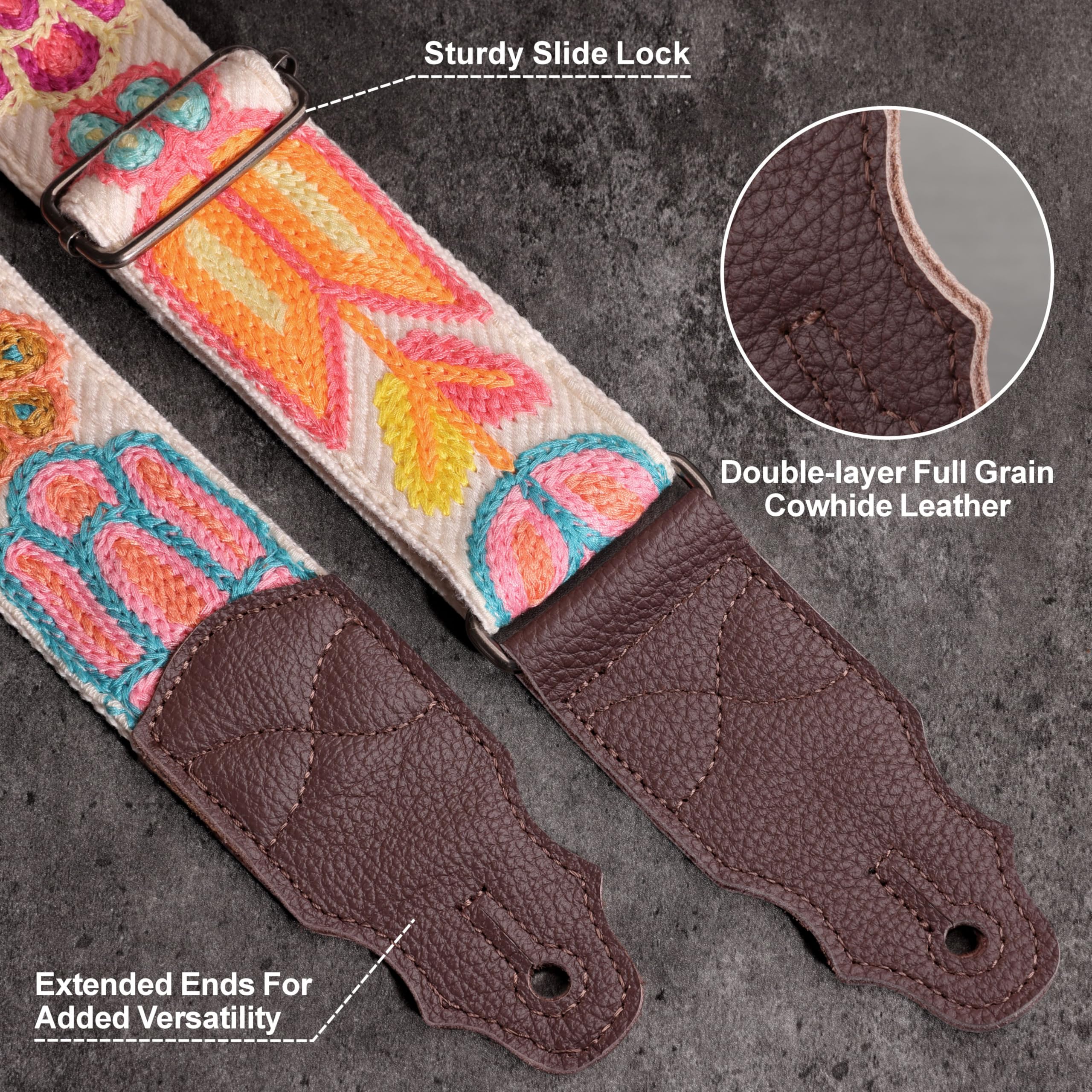 Guitar Strap 2", Soft Woolen Knit, Cowhide Leather End, for Acoustic and Bass Electric Guitars, Free Button, 2 Strap Locks and 4 Guitar Picks Animated Flower-1 - Image 2