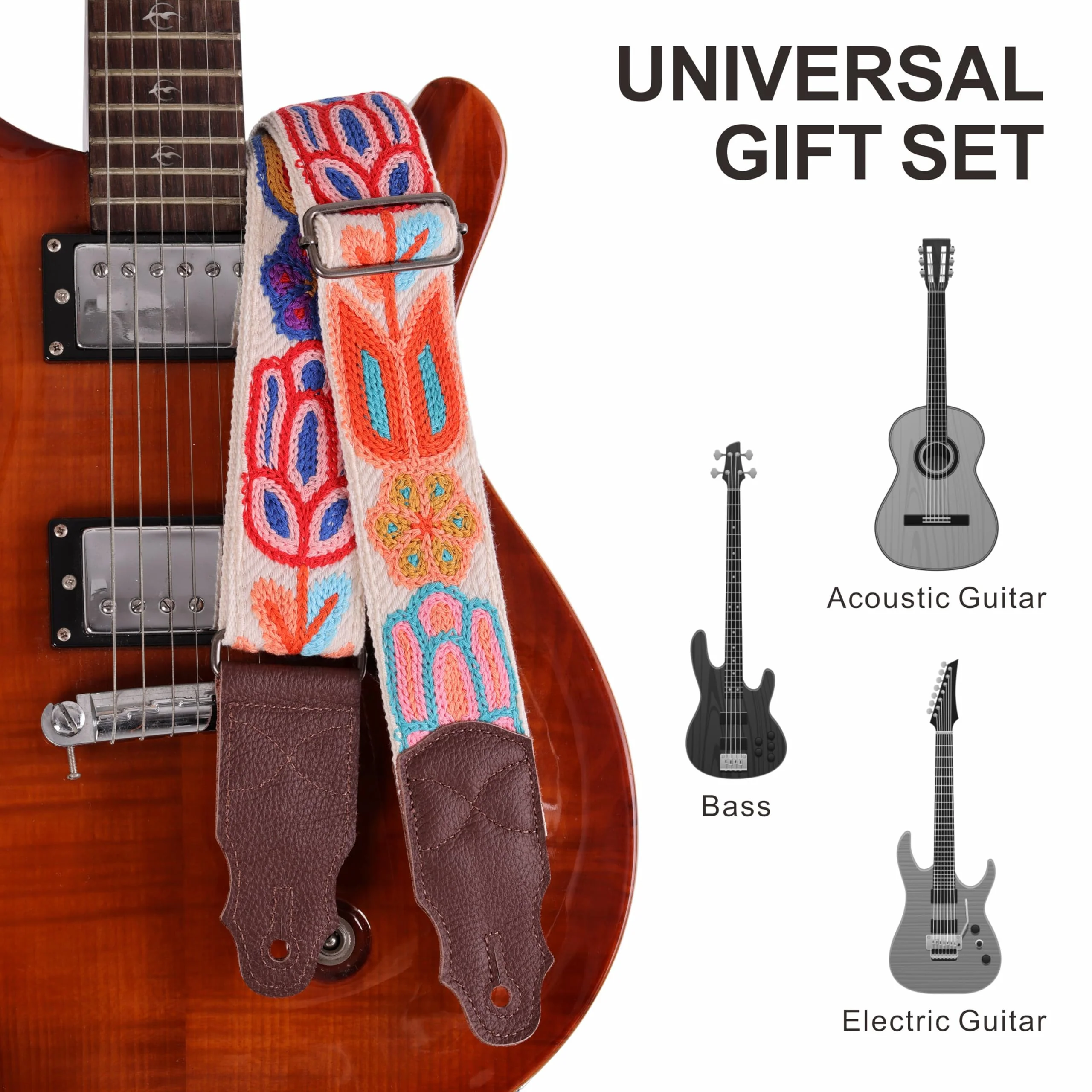 Guitar Strap 2", Soft Woolen Knit, Cowhide Leather End, for Acoustic and Bass Electric Guitars, Free Button, 2 Strap Locks and 4 Guitar Picks Animated Flower-1 - Image 5
