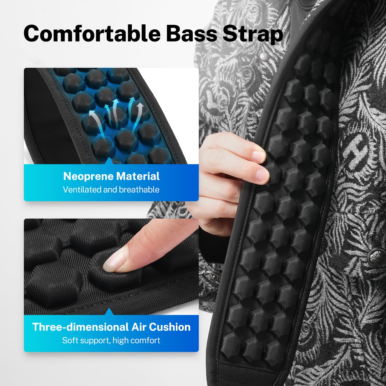Guitar Strap, 3.5" Wide Air Cell Cushions Neoprene Padded Comfortable Bass Strap, with Strap Picks, for Bass Guitar Black Regular (47"-55") - Image 4