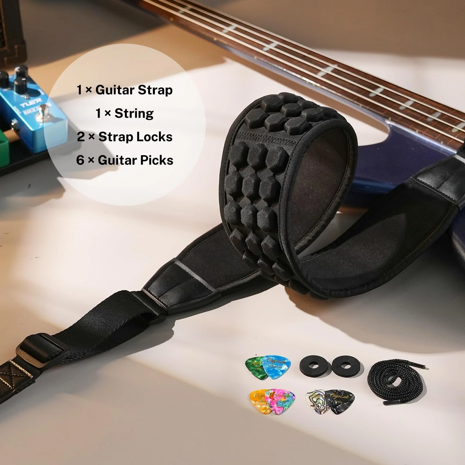 Guitar Strap, 3.5" Wide Air Cell Cushions Neoprene Padded Comfortable Bass Strap, with Strap Picks, for Bass Guitar Black Regular (47"-55") - Image 7
