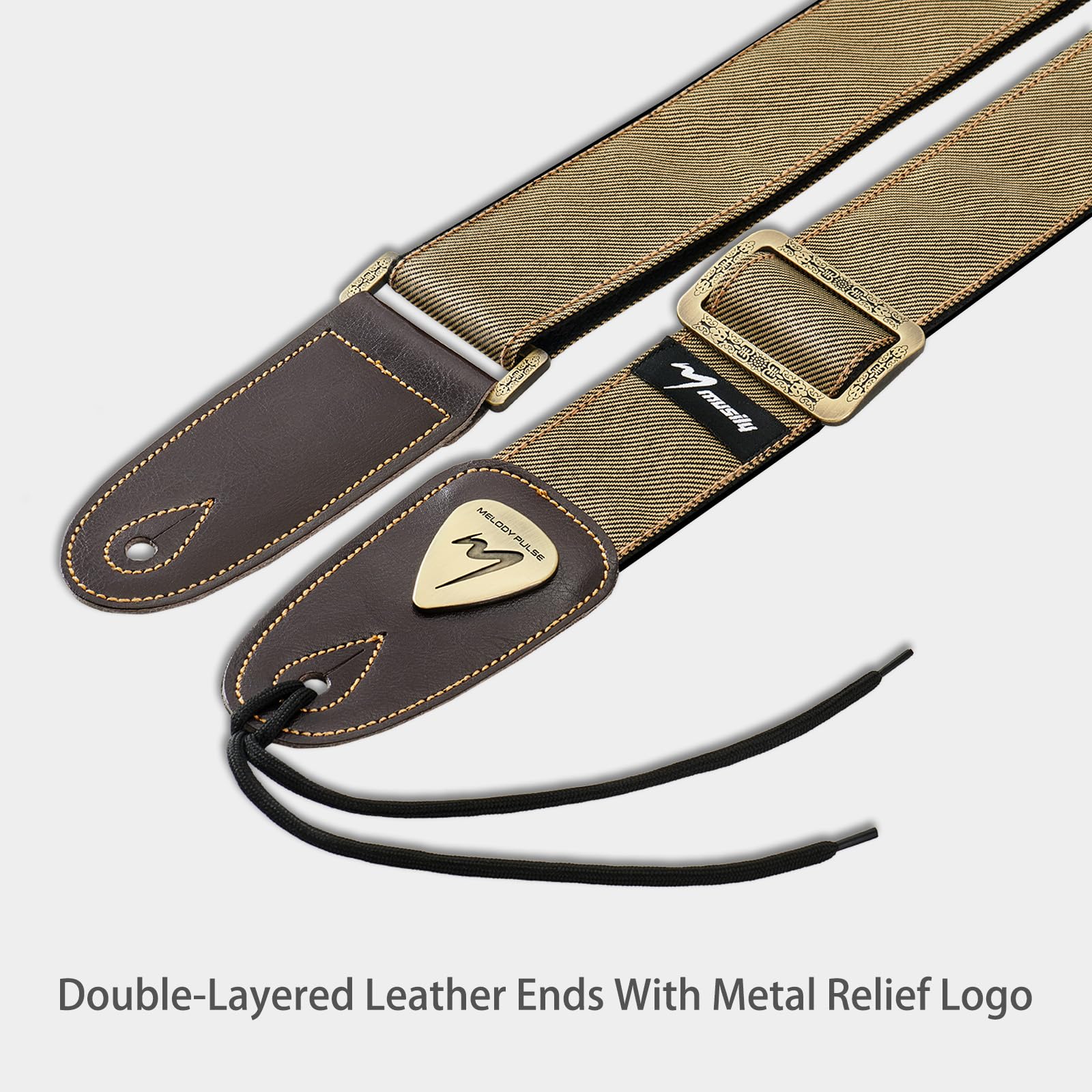 Guitar Strap, Discover Unrivaled Comfort with Premium Denim & Cotton for Bass, Acoustic & Electric Guitars - Durable Double-Layer Leather Ends & Eye-Catching Metal Embossed Logo! (Khaki) Khaki - Image 2