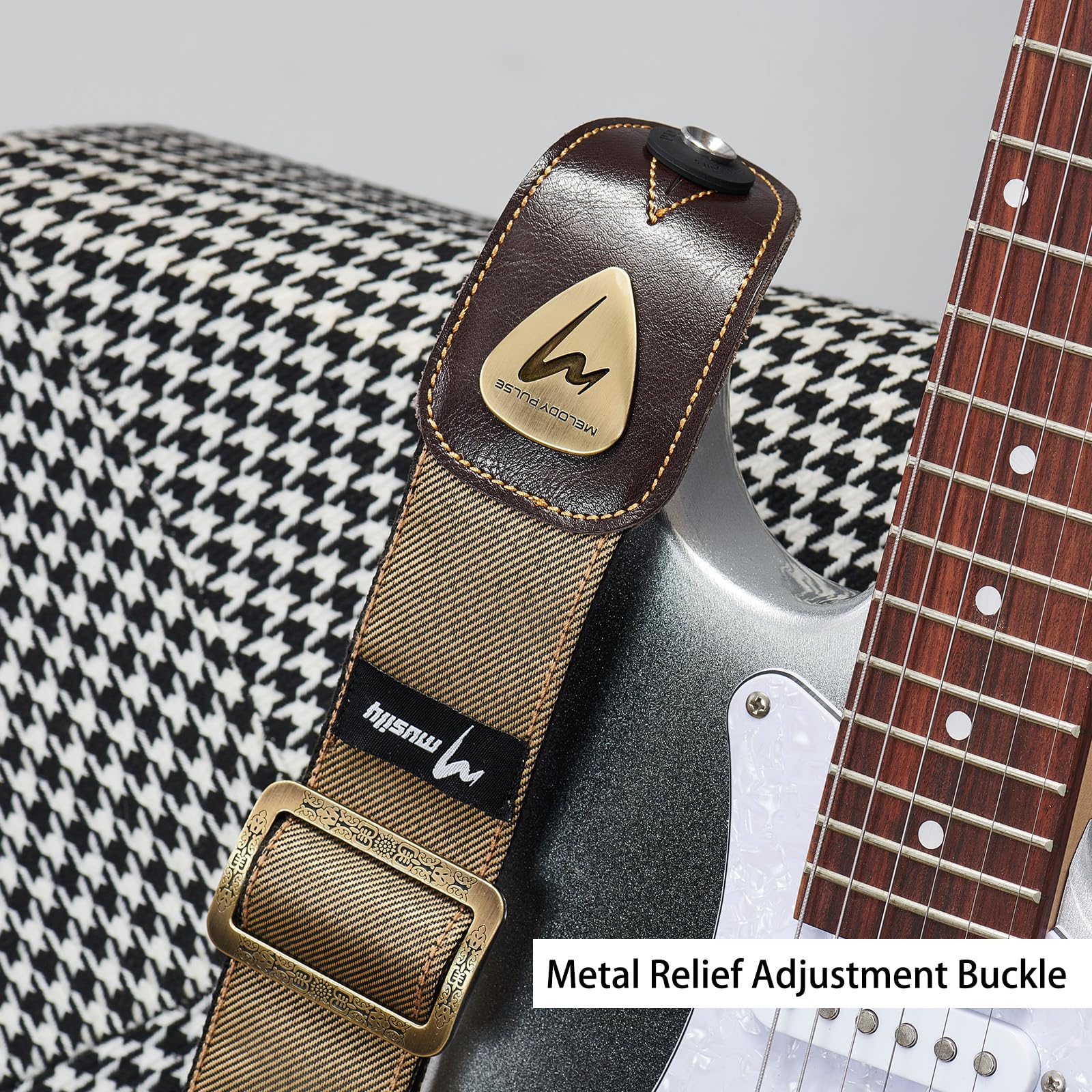 Guitar Strap, Discover Unrivaled Comfort with Premium Denim & Cotton for Bass, Acoustic & Electric Guitars - Durable Double-Layer Leather Ends & Eye-Catching Metal Embossed Logo! (Khaki) Khaki - Image 5