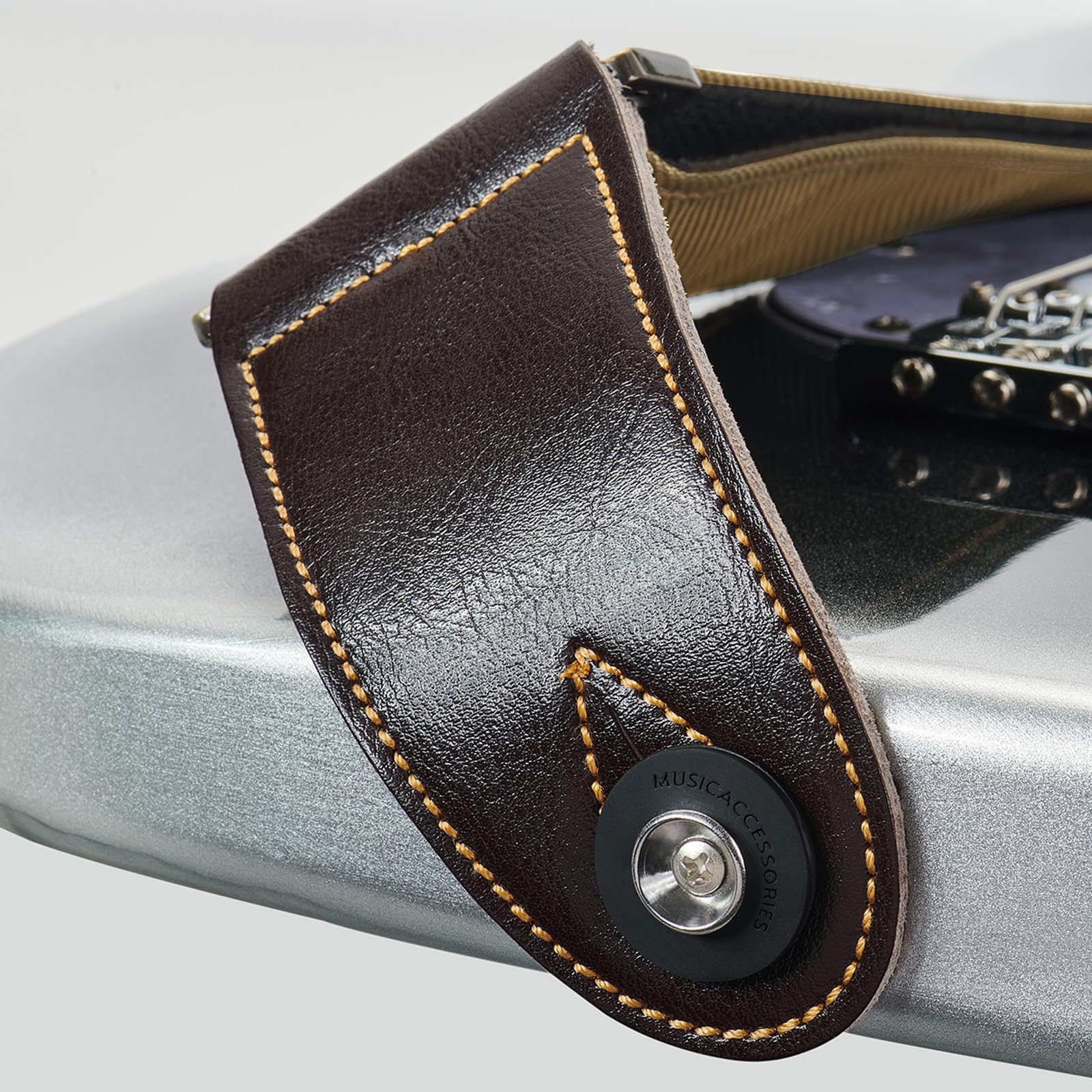 Guitar Strap, Discover Unrivaled Comfort with Premium Denim & Cotton for Bass, Acoustic & Electric Guitars - Durable Double-Layer Leather Ends & Eye-Catching Metal Embossed Logo! (Khaki) Khaki - Image 7