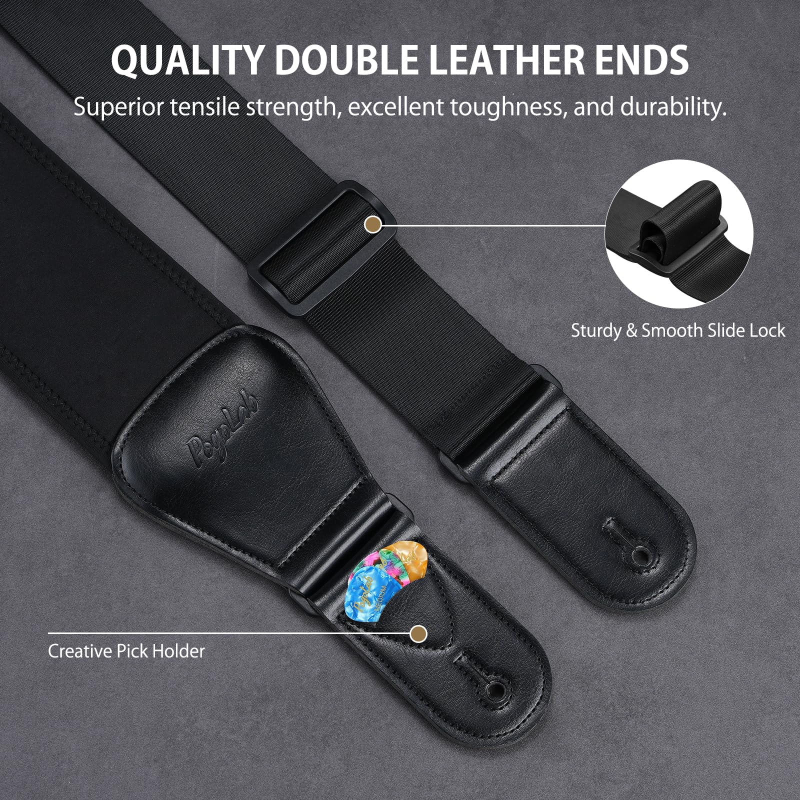 Guitar Strap for Electric Guitar & Bass, Wide Bass Strap Padded Guitar Straps with Adjustable Length 44-54 inches,Pick Holder,Strap Locks & Picks - Image 3