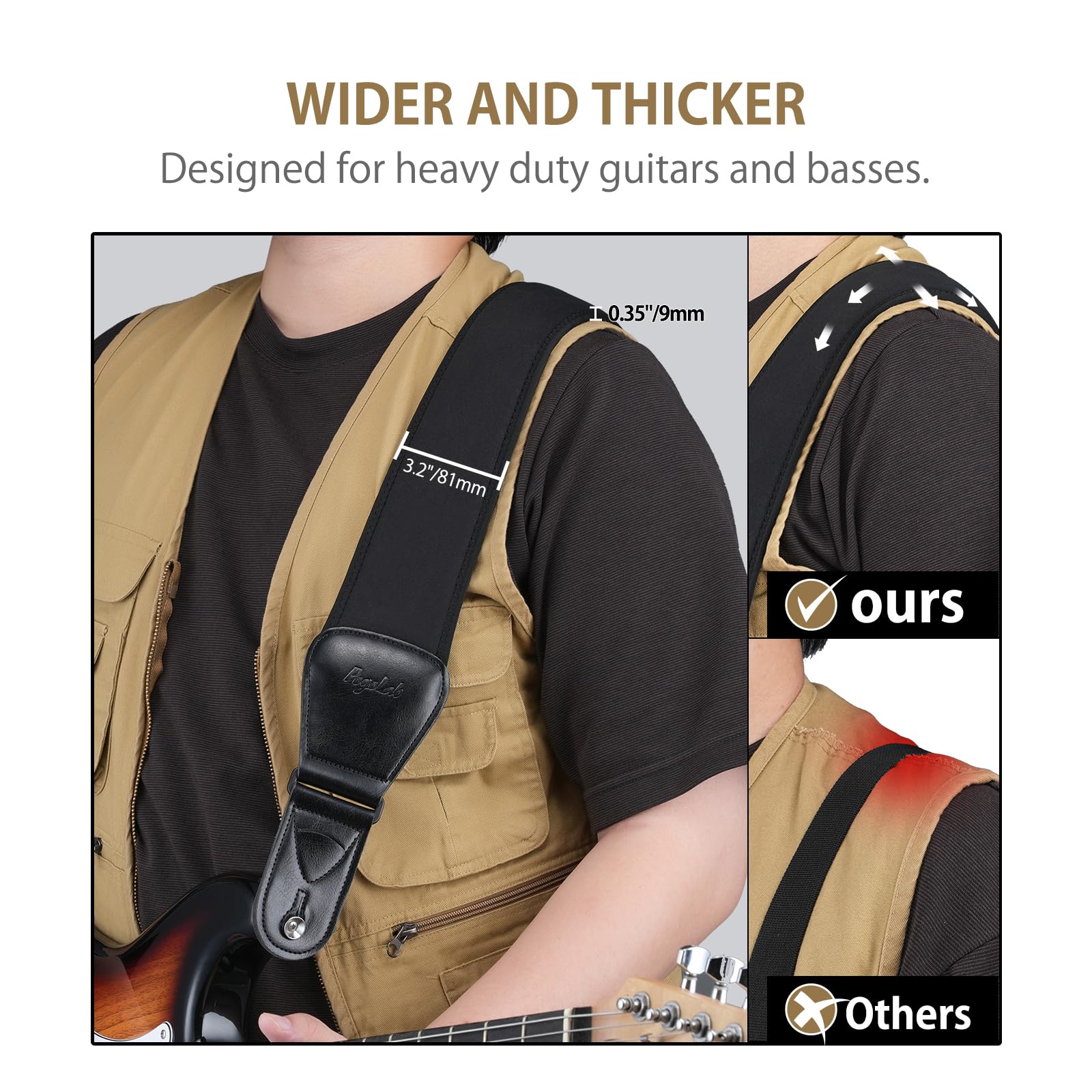 Guitar Strap for Electric Guitar & Bass, Wide Bass Strap Padded Guitar Straps with Adjustable Length 44-54 inches,Pick Holder,Strap Locks & Picks - Image 4