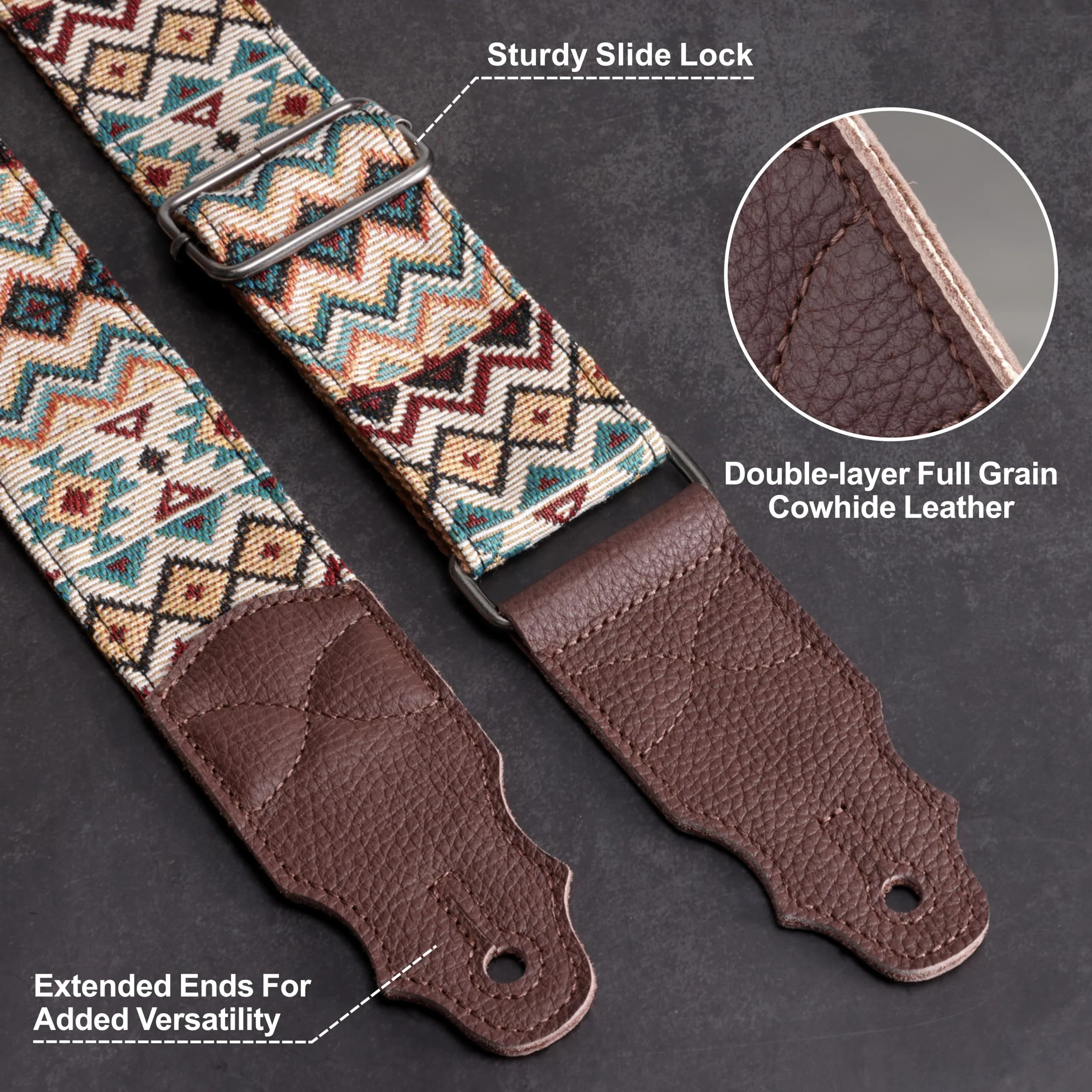 Guitar Strap, Head Layer Cowhide Leather End, 2 Inches Wide, for Acoustic and Bass Electric Guitars, Free Button, 2 Strap Locks and 4 Guitar Picks Light Boho - Image 3