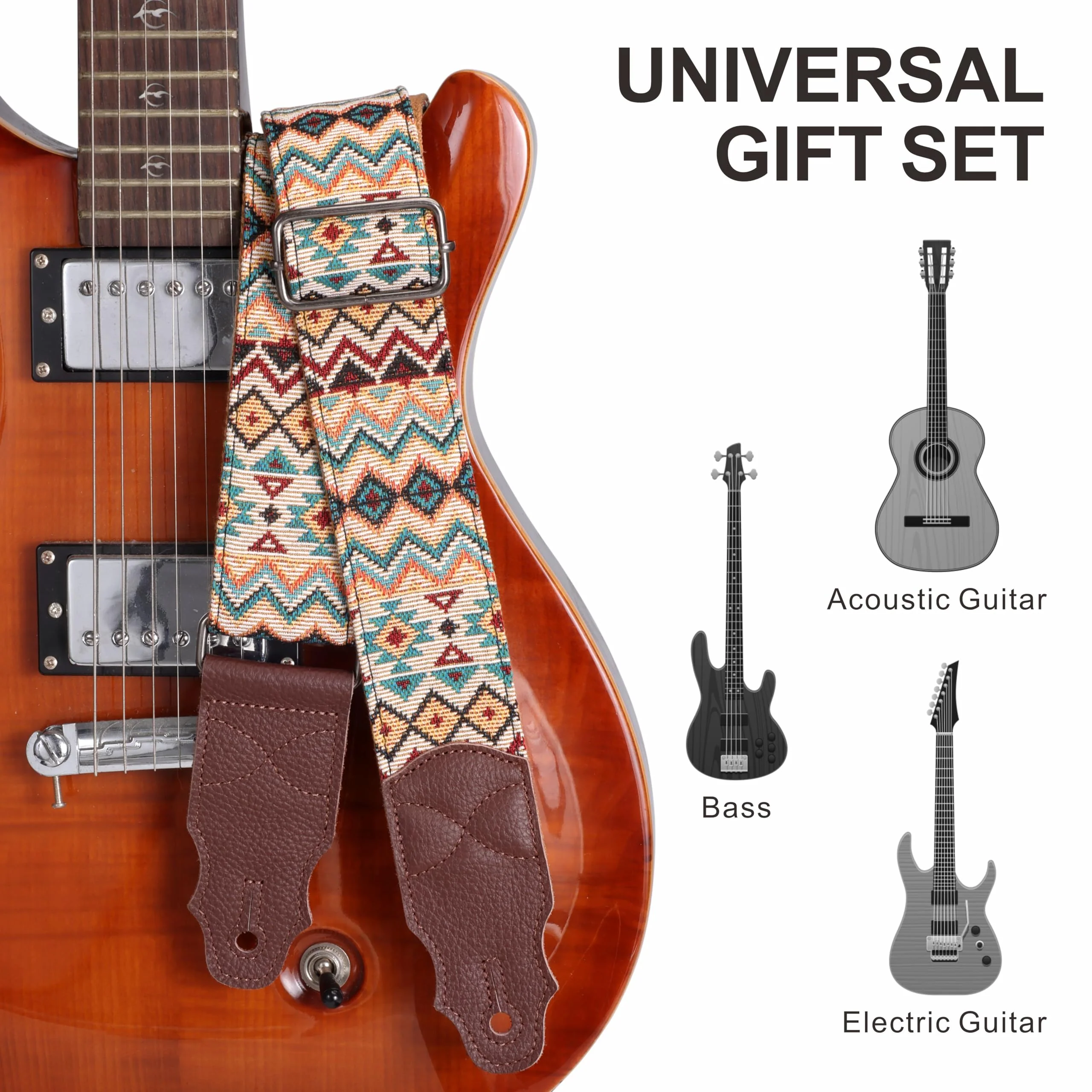 Guitar Strap, Head Layer Cowhide Leather End, 2 Inches Wide, for Acoustic and Bass Electric Guitars, Free Button, 2 Strap Locks and 4 Guitar Picks Light Boho - Image 4