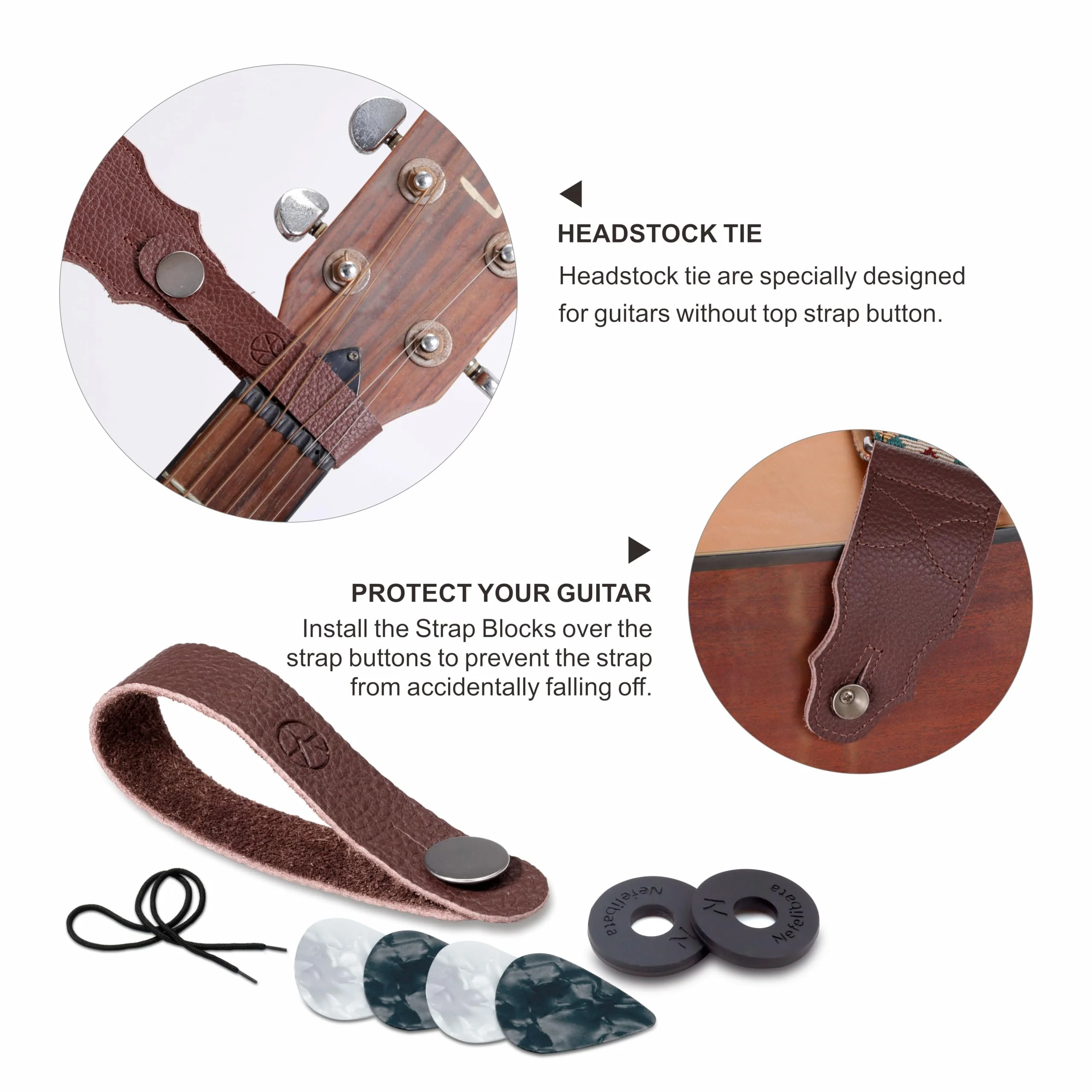 Guitar Strap, Head Layer Cowhide Leather End, 2 Inches Wide, for Acoustic and Bass Electric Guitars, Free Button, 2 Strap Locks and 4 Guitar Picks Light Boho - Image 5
