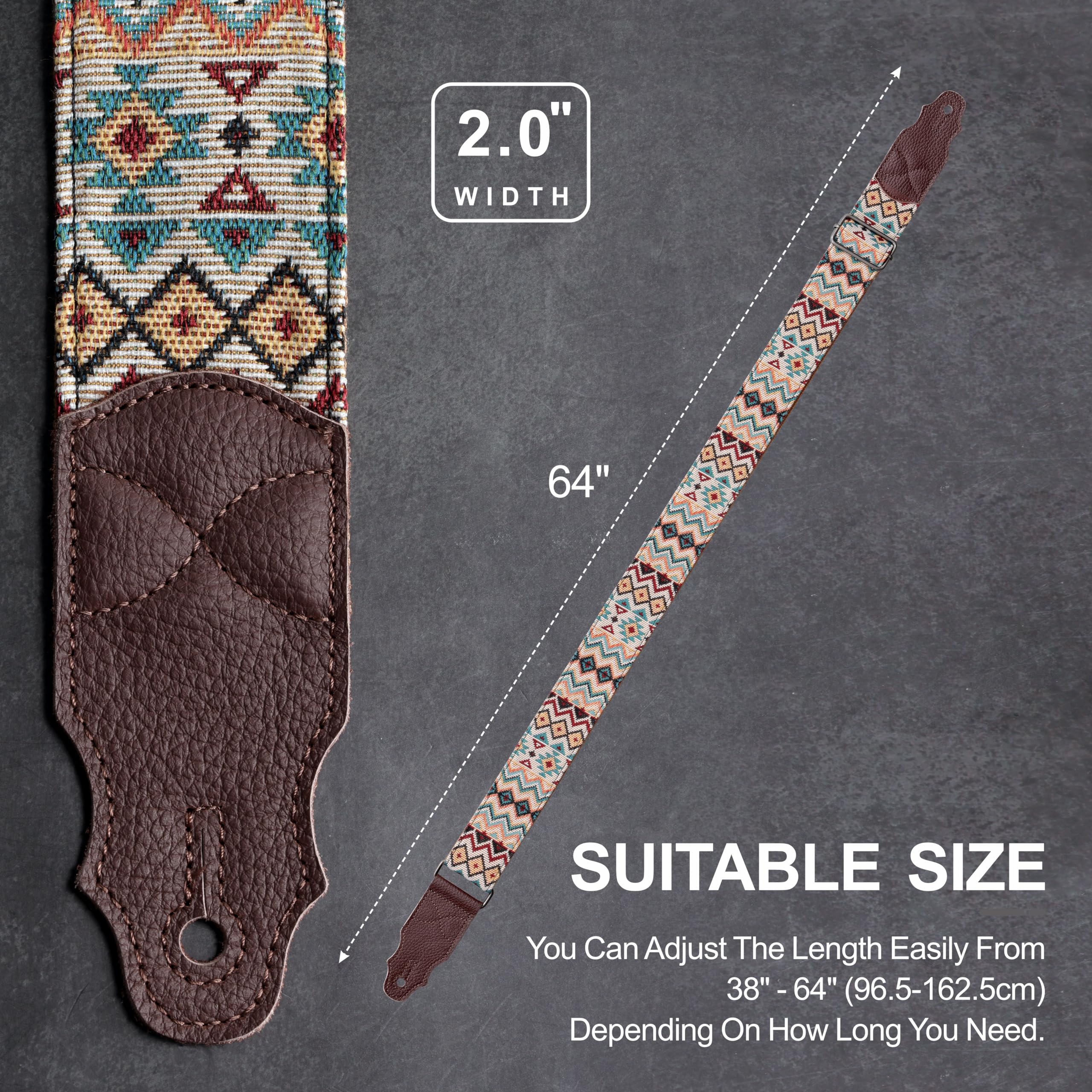 Guitar Strap, Head Layer Cowhide Leather End, 2 Inches Wide, for Acoustic and Bass Electric Guitars, Free Button, 2 Strap Locks and 4 Guitar Picks Light Boho - Image 7