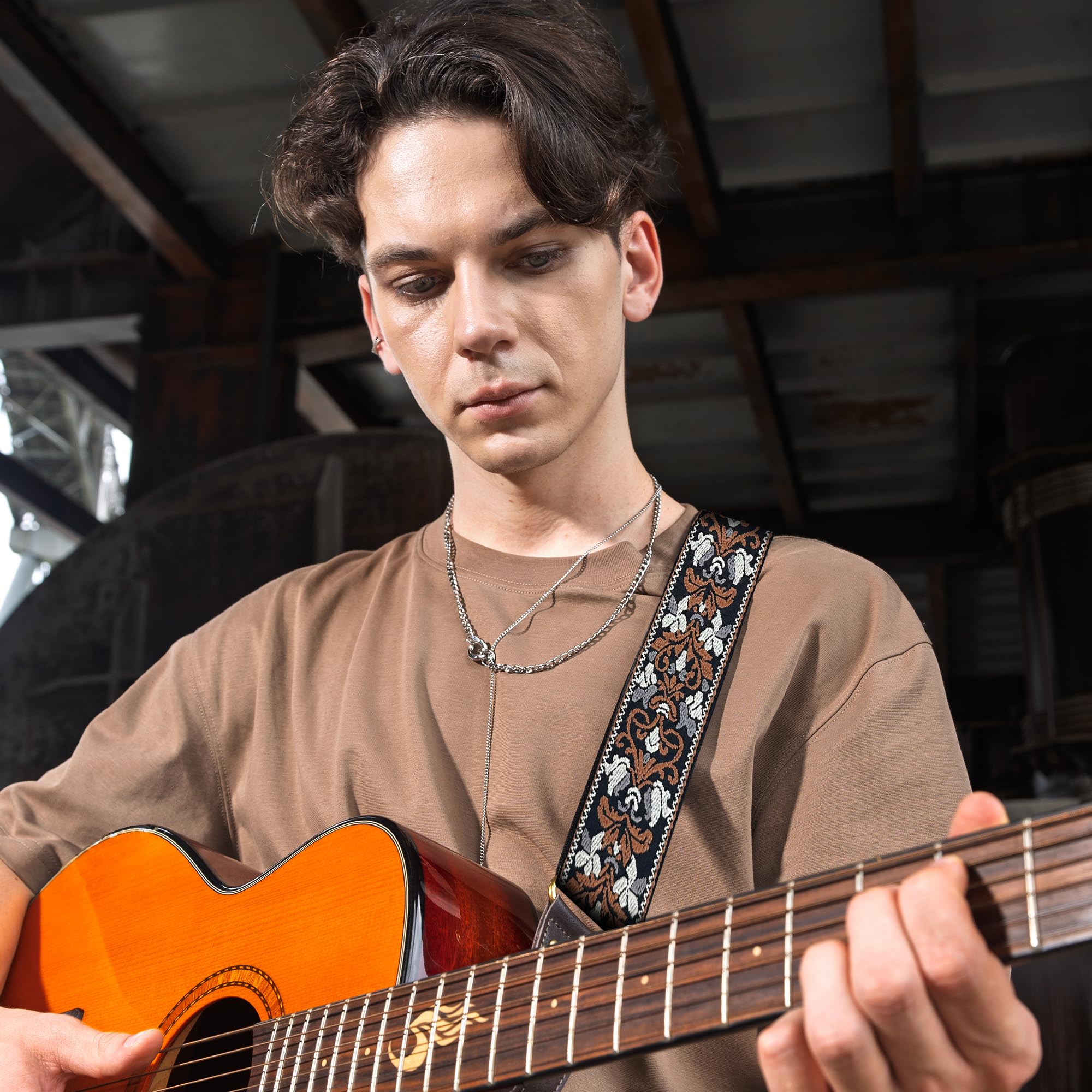 Guitar Strap, Jacquard Embroidered Cotton Guitar Straps with Double Sided Vegetable Tanned Cowhide Leather Ends for Bass, Electro Acoustic, Great Gift for Kids and Guitarists Brown Jacquard Lotus pattern jacquard in brown Adjustable 38-63 inches - Image 2
