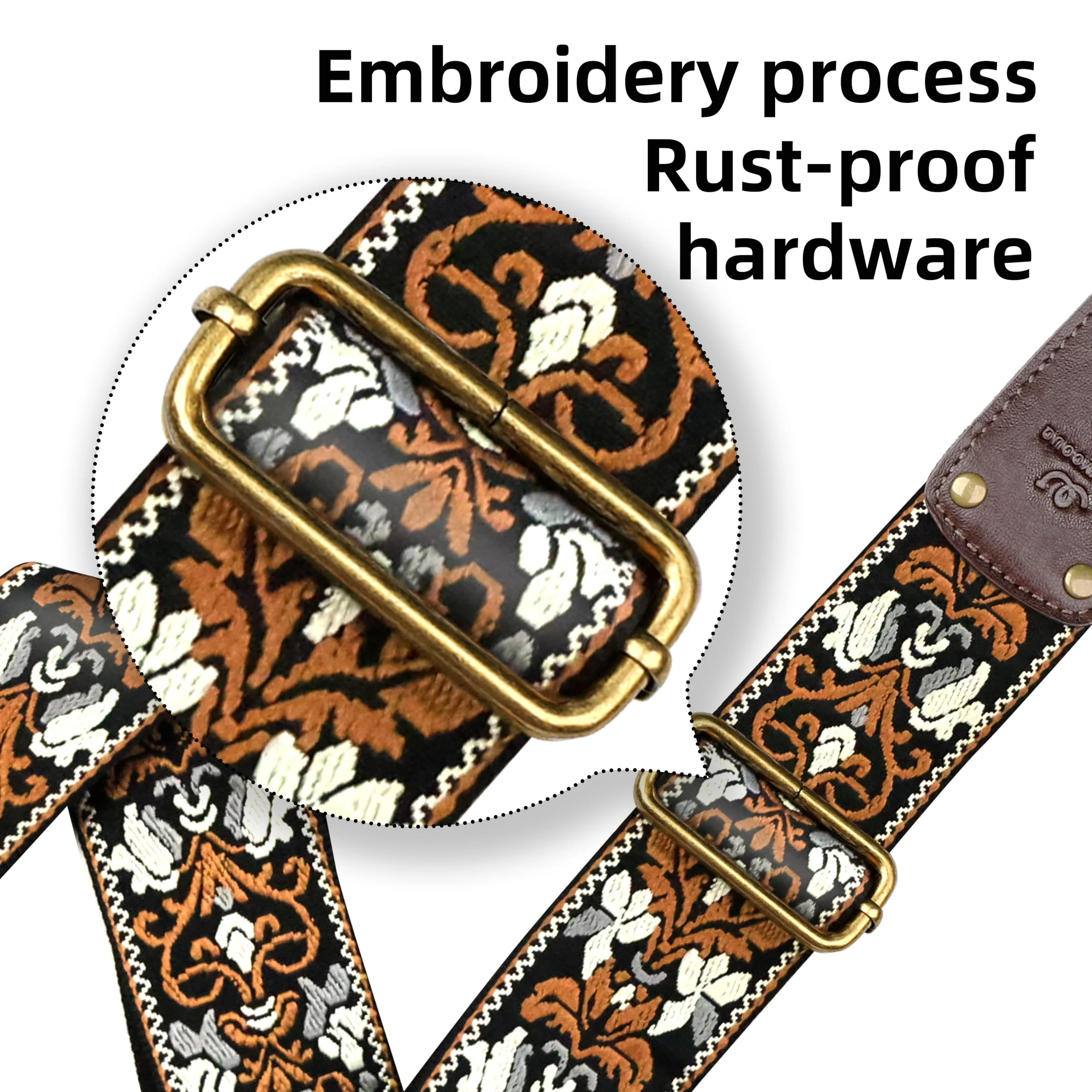 Guitar Strap, Jacquard Embroidered Cotton Guitar Straps with Double Sided Vegetable Tanned Cowhide Leather Ends for Bass, Electro Acoustic, Great Gift for Kids and Guitarists Brown Jacquard Lotus pattern jacquard in brown Adjustable 38-63 inches - Image 5
